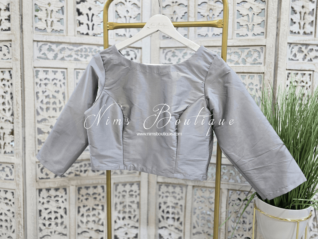 Nims Boutique Grey Silk High Neck Blouse with sleeves 4-20
