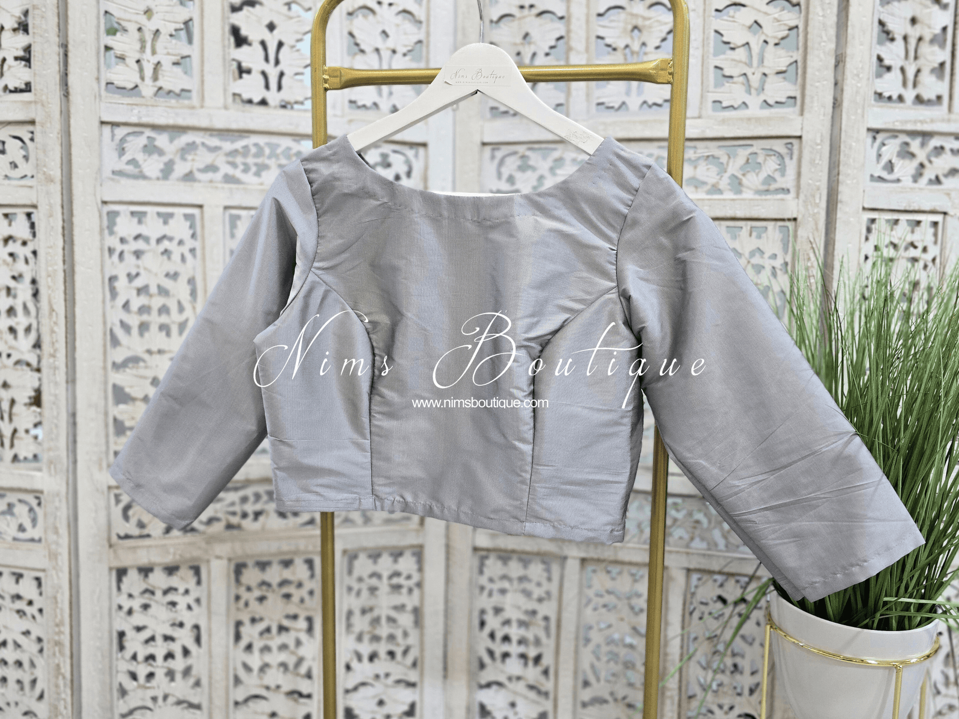 Nims Boutique Grey Silk High Neck Blouse with sleeves 4-20