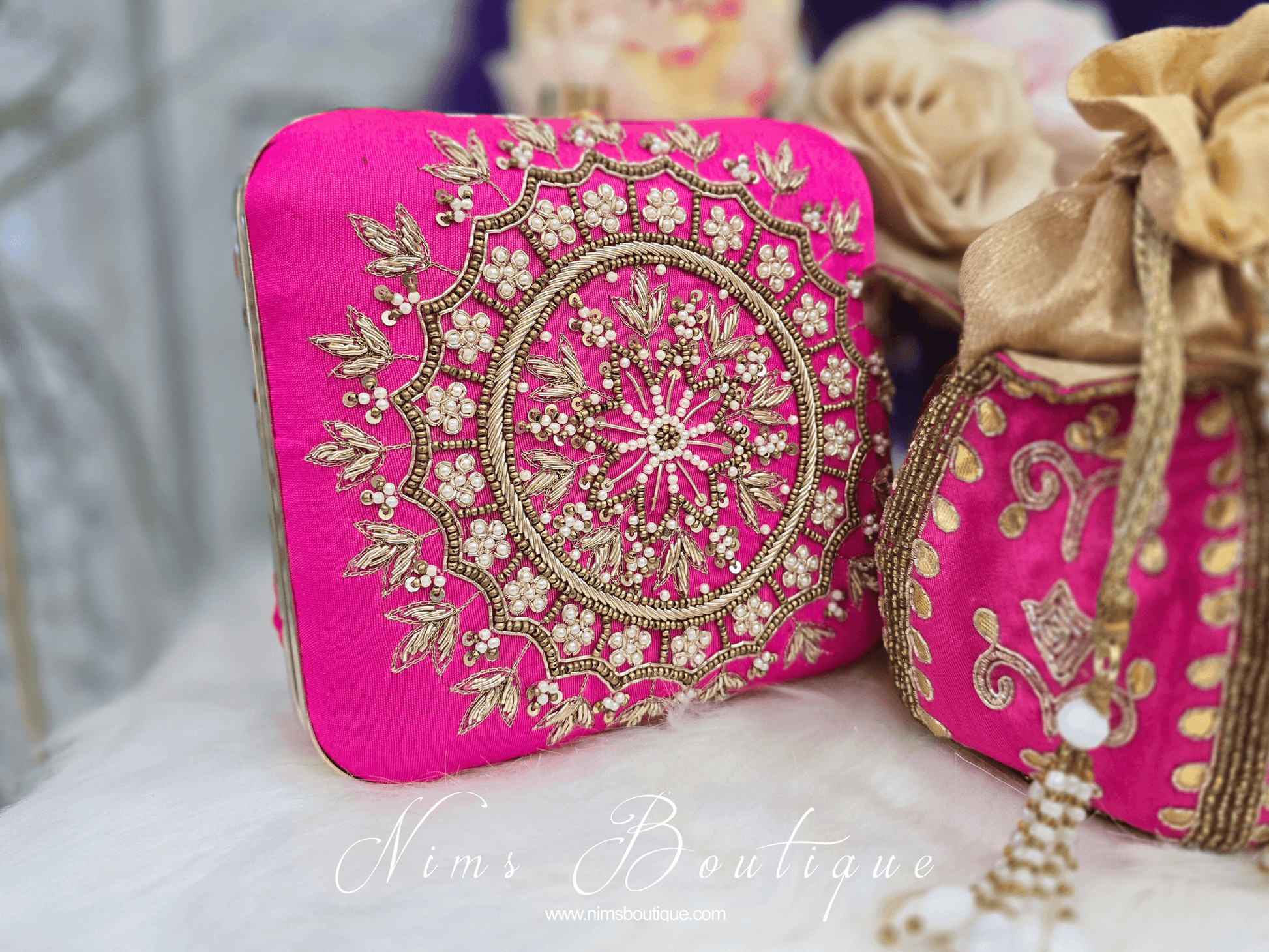 Nims Boutique Large Pink Raw Silk Pearl Embellished Clutch Bag