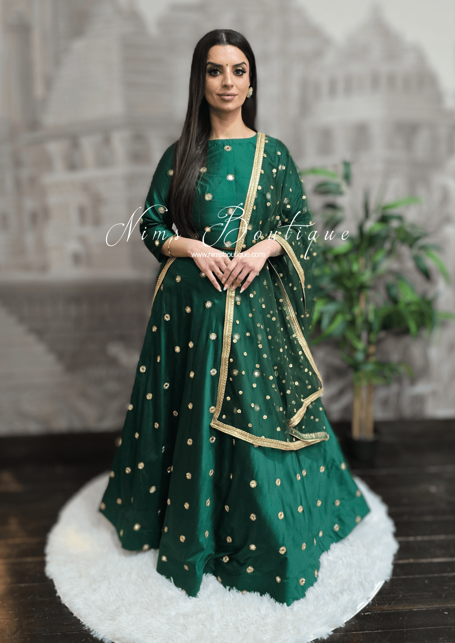 Nims Boutique Rani Luxury Silk Dark Green Mirror readymade skirt/lehnga size 4-18