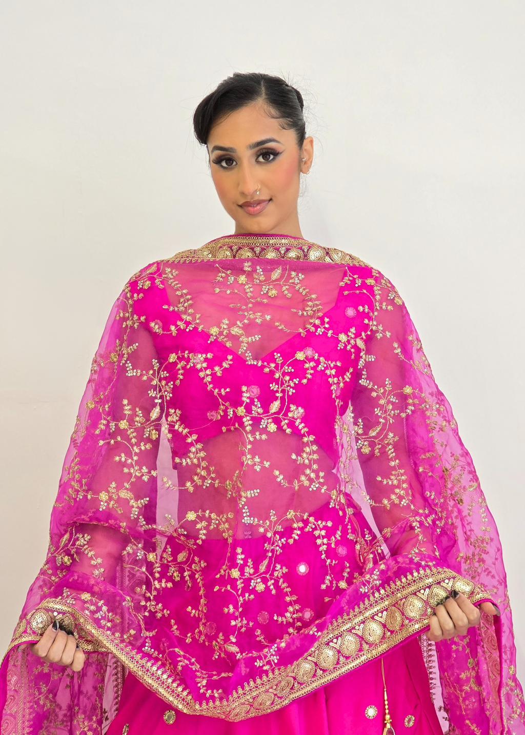 Mahi Luxury Cerise Pink Organza Embroidered Dupatta/Chunni