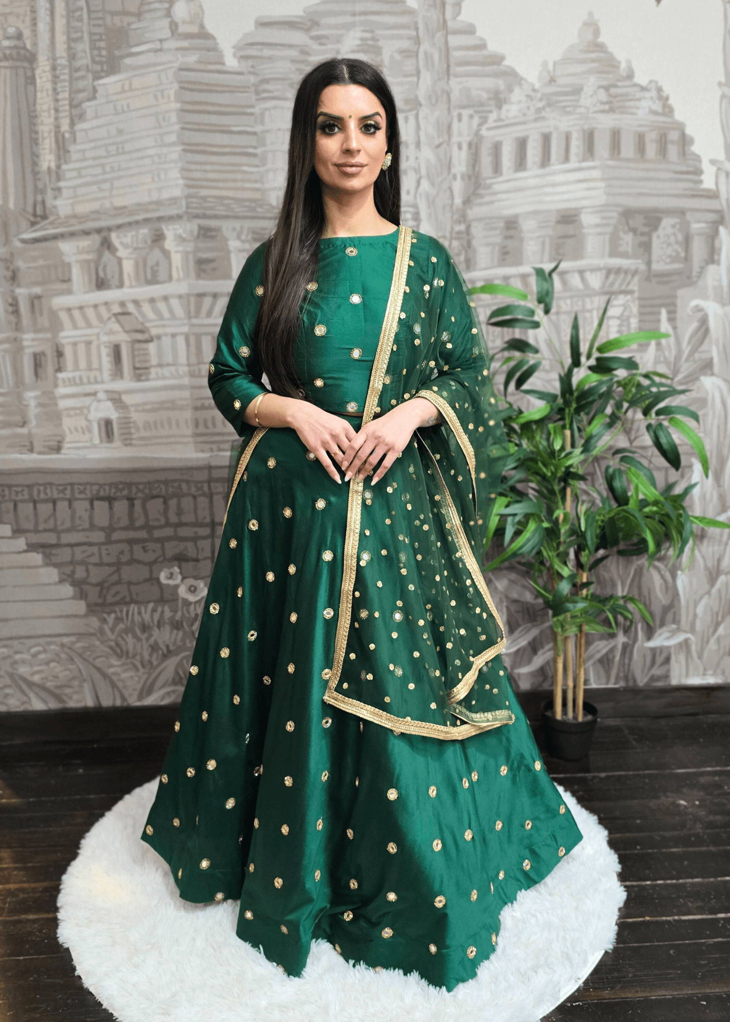 Nims Boutique Rani Luxury Silk Dark Green Mirror readymade skirt/lehnga size 4-18