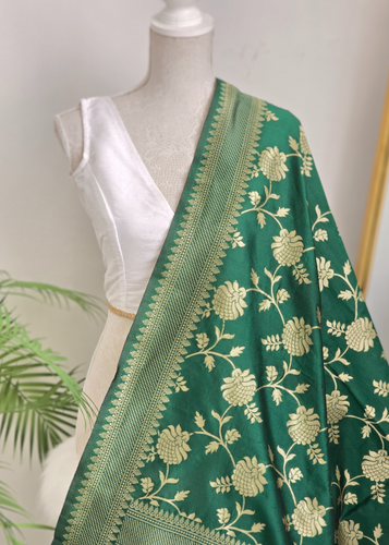 Bottle Green Floral Silk Banarsi Dupatta/Chunni (BN3)