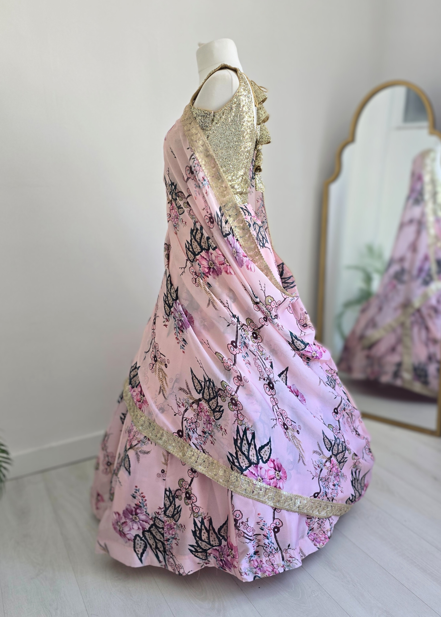 Sakura Pink Satin Print Dupatta/Chunni sequin edging