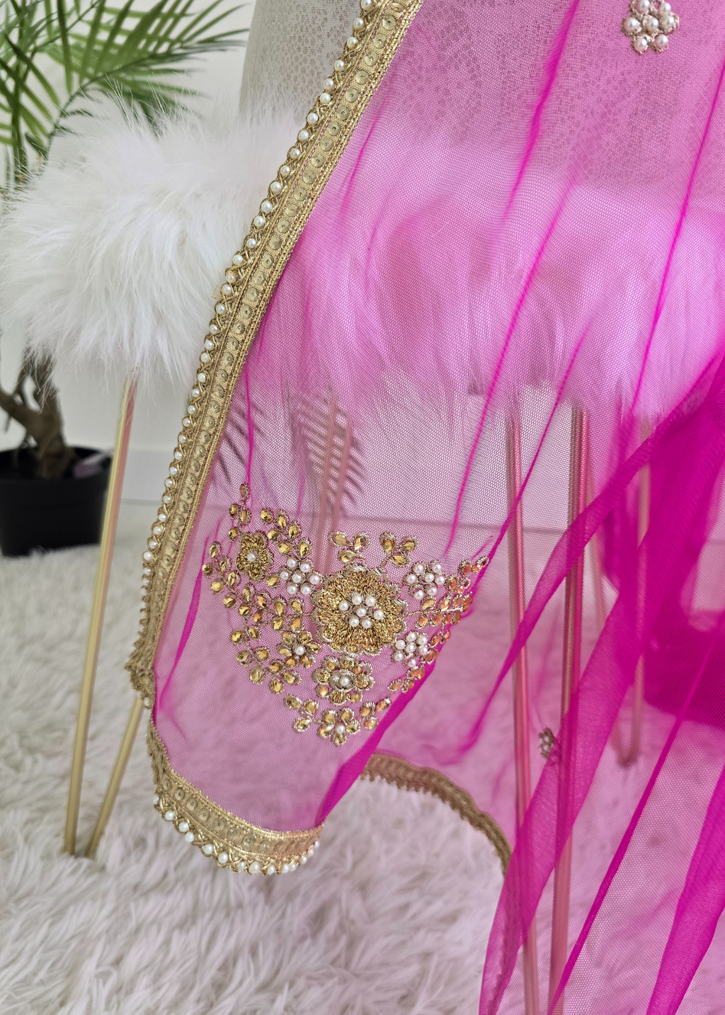 Hot Pink Net Pearl Embellished Dupatta/Chunni