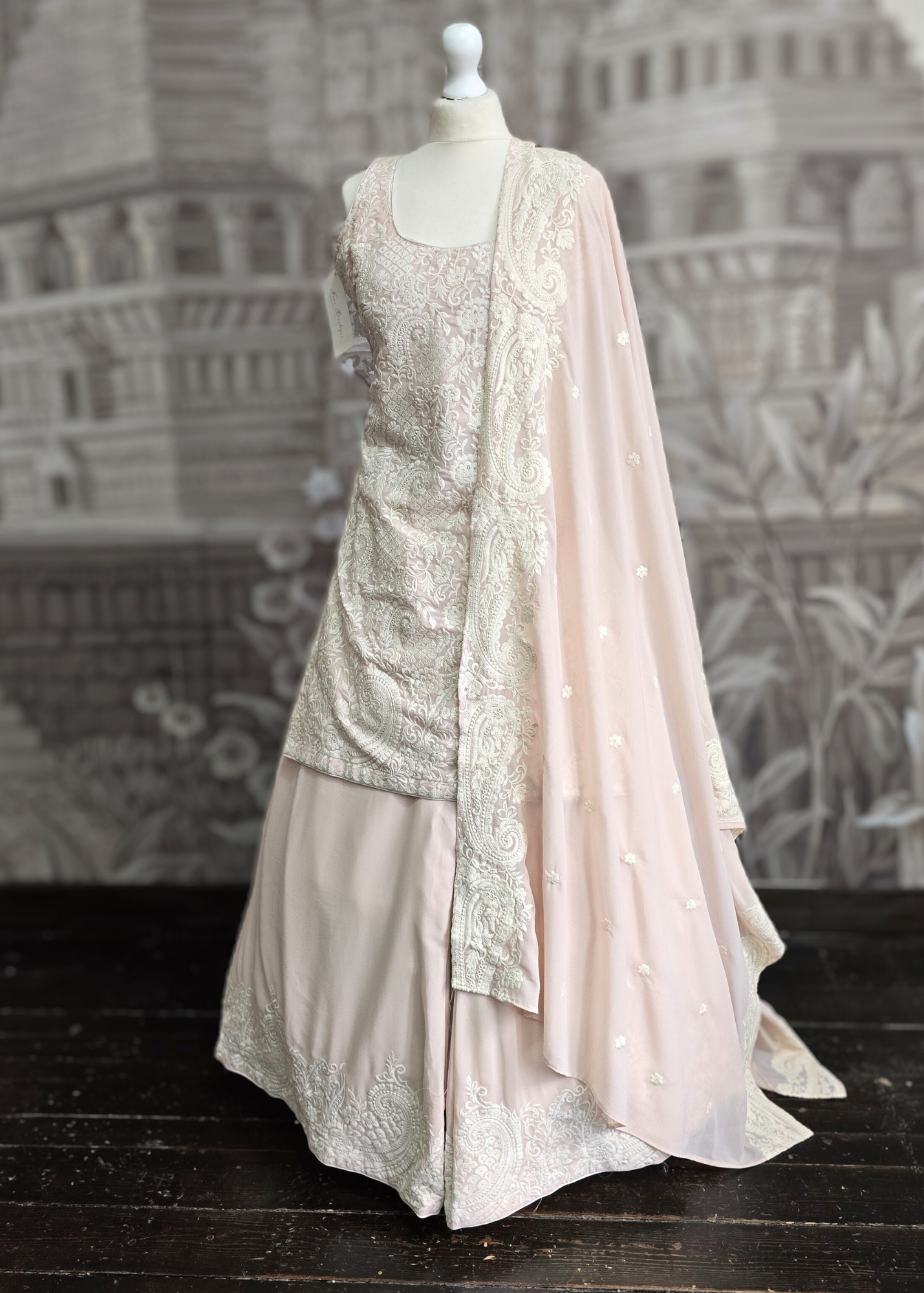 Ivory & Light Peach Thread Embroidered Sharara Suit (Size 10-12)