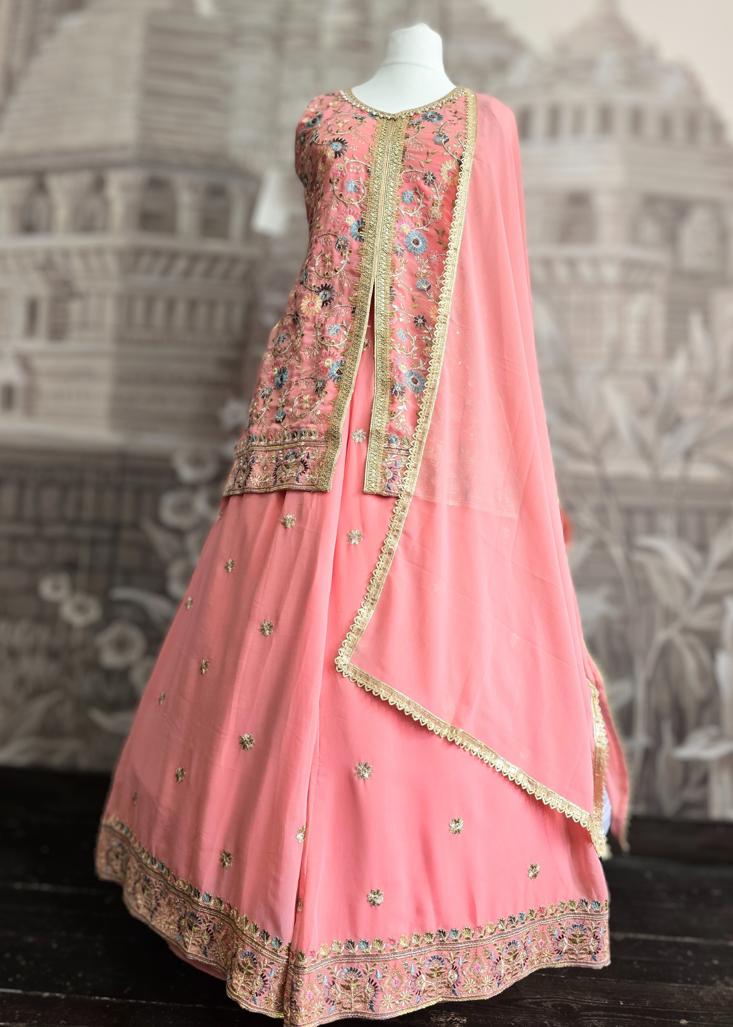 Peach Embroidered Sharara Suit (Size 10-12)