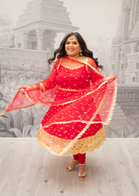 The NB Luxury Red Silk Anarkali Pajami Suit with sleeves (size 12-24)