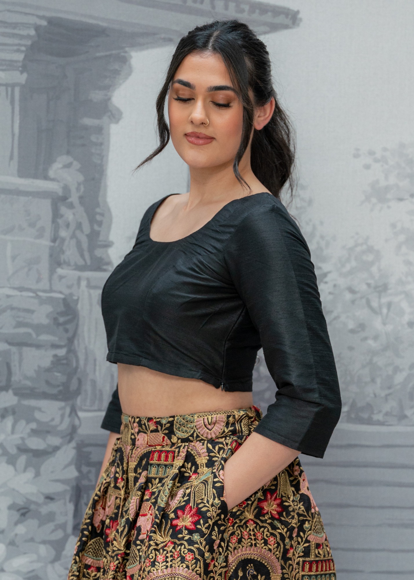Black Raw Silk Scoop Neck Blouse with sleeves (4-26)