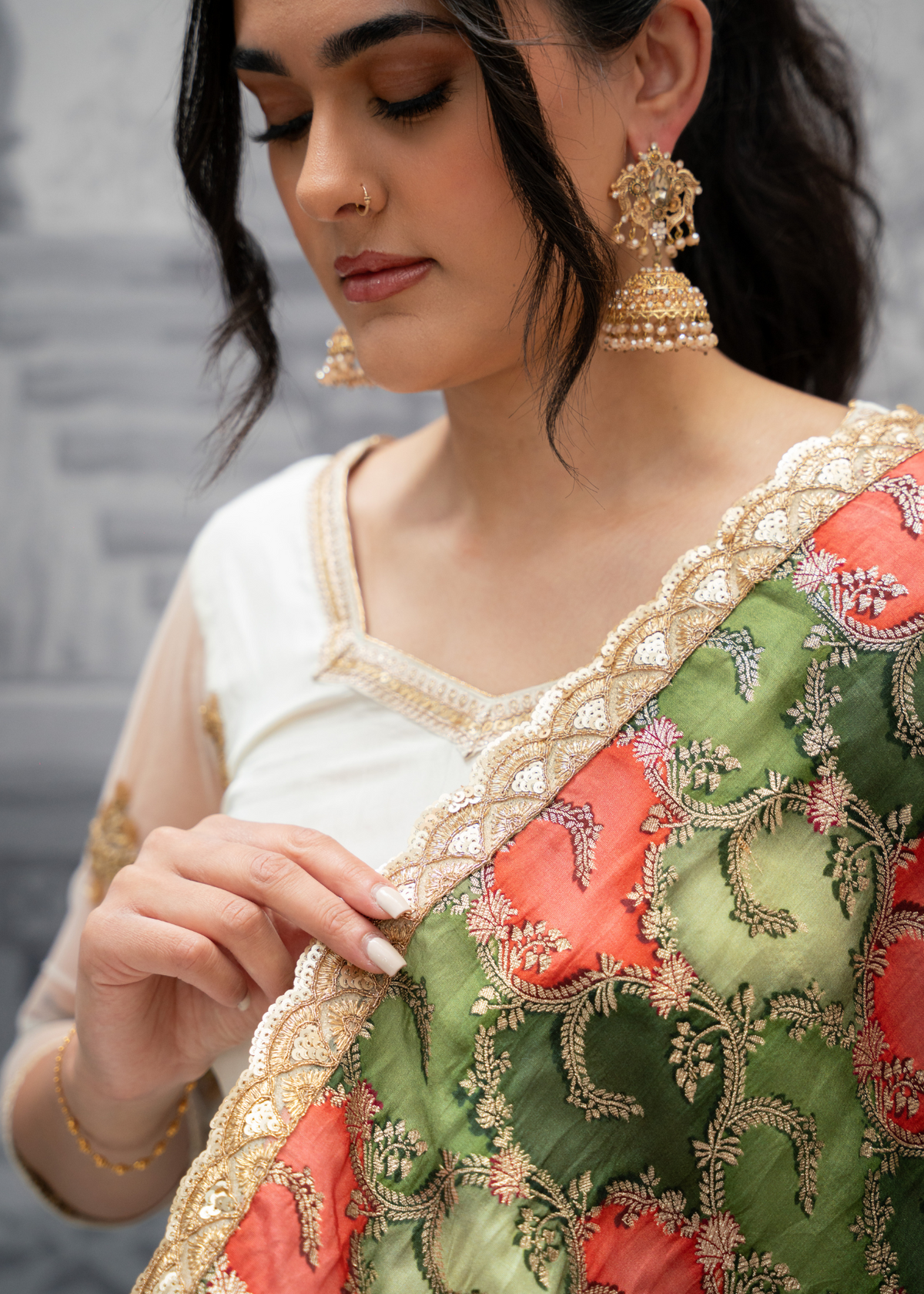 Tara Luxury Mehndi Green and Orange Brocade Dupatta/Chunni