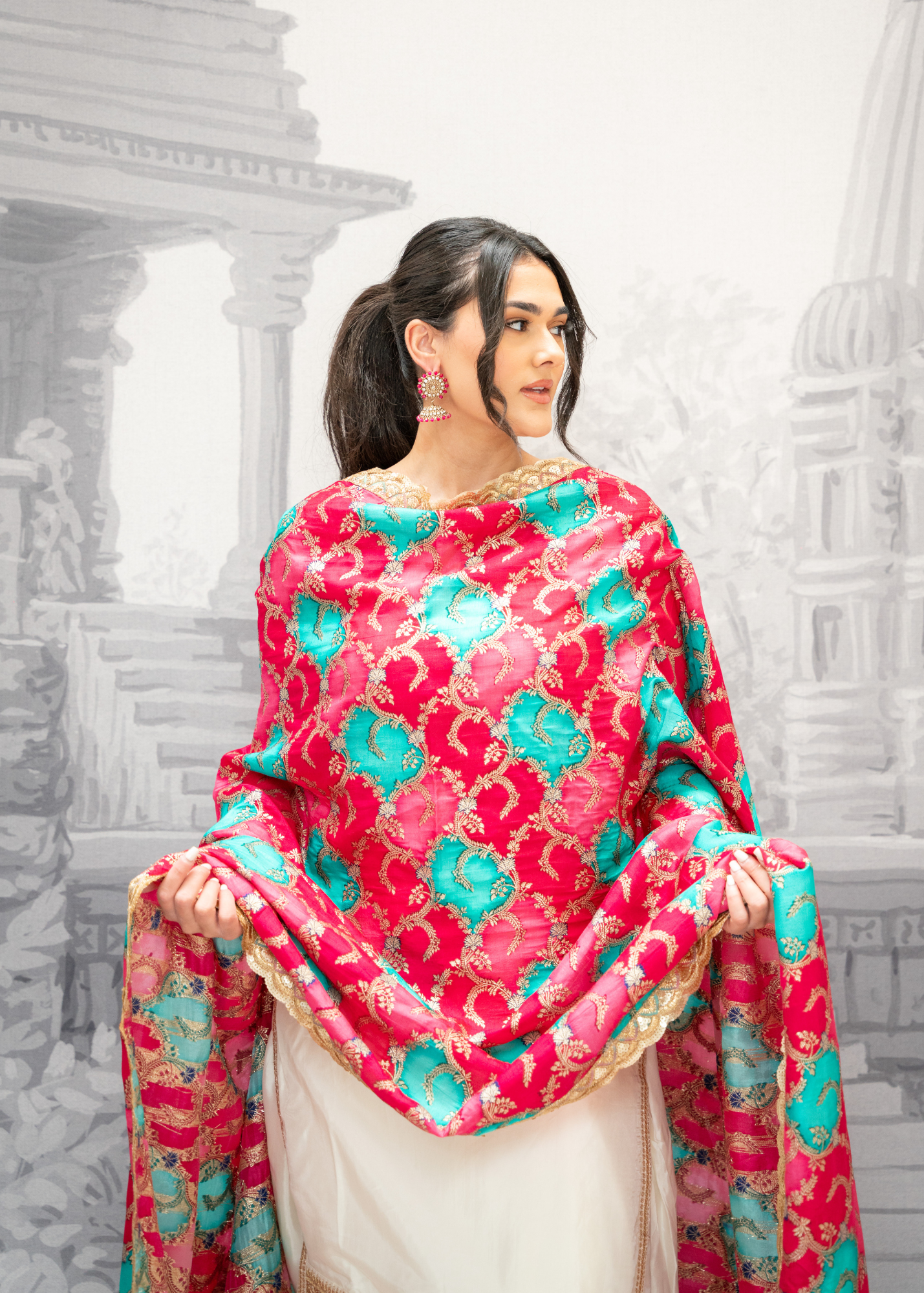 Long Sleeved Ivory Silk & Multicolour Salwar Suit (8-20)