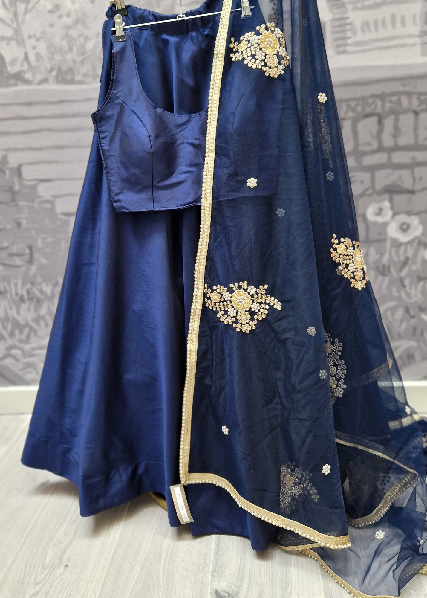 Navy Net Pearl Embellished Dupatta/Chunni