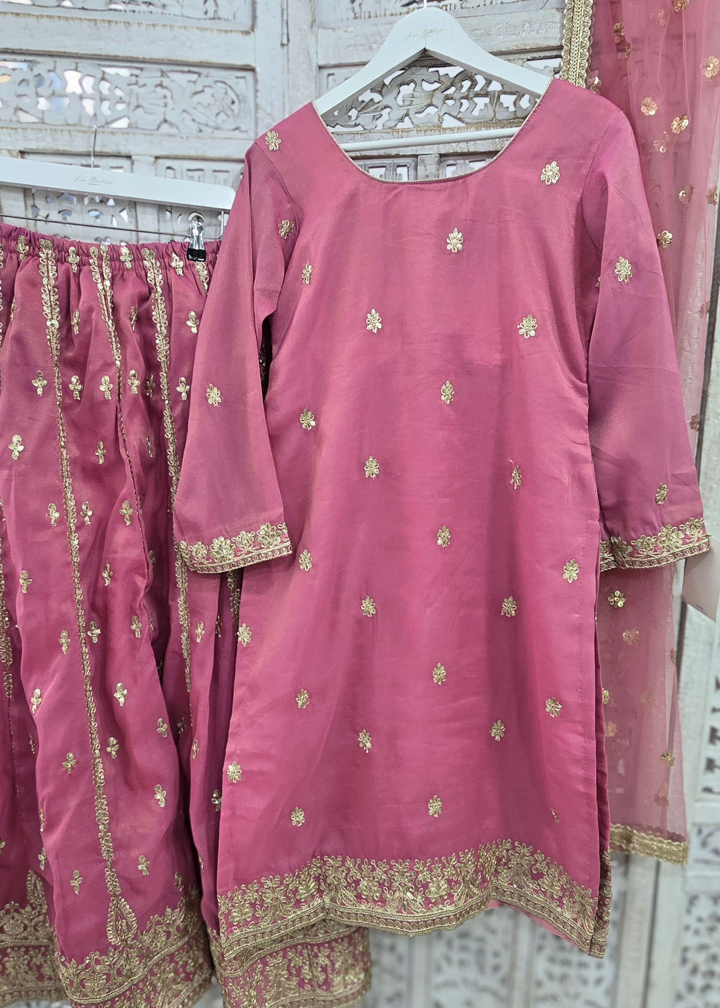 Mauve Gold Embroidered Sharara Suit (Size 10-12)