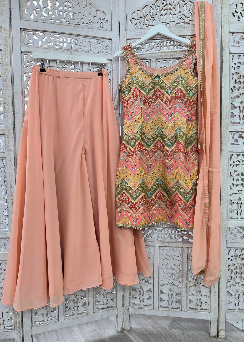 Peach Multicolour Embroidered Sharara Suit (Size 10-12)