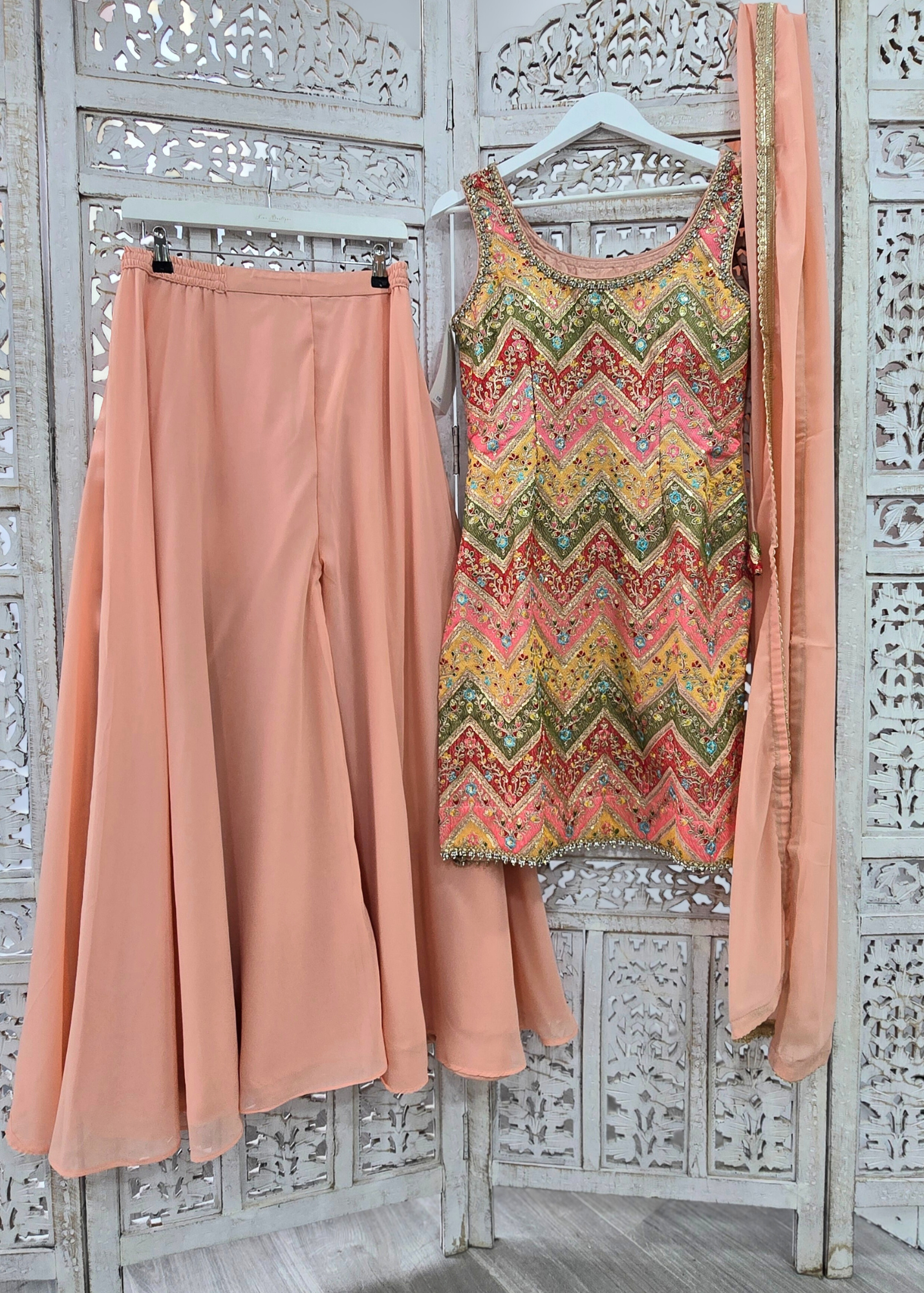 Peach Multicolour Embroidered Sharara Suit (Size 10-12)