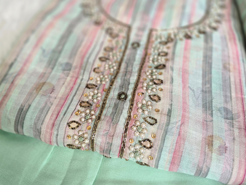 Unstitched Light Green Stripe Cotton Suit