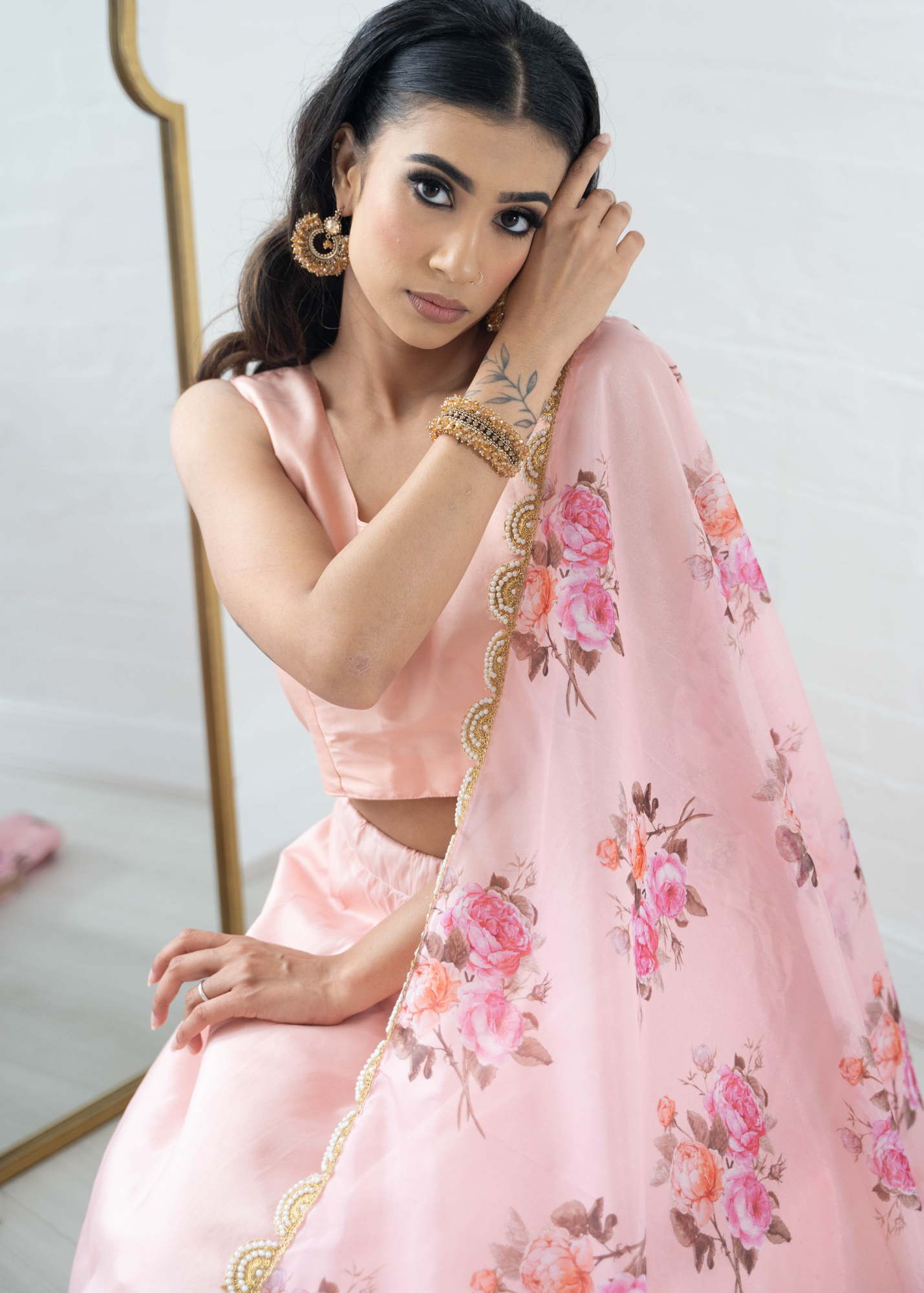 Luxury Peach Organza Floral Dupatta/Chunni with Pearl Edging