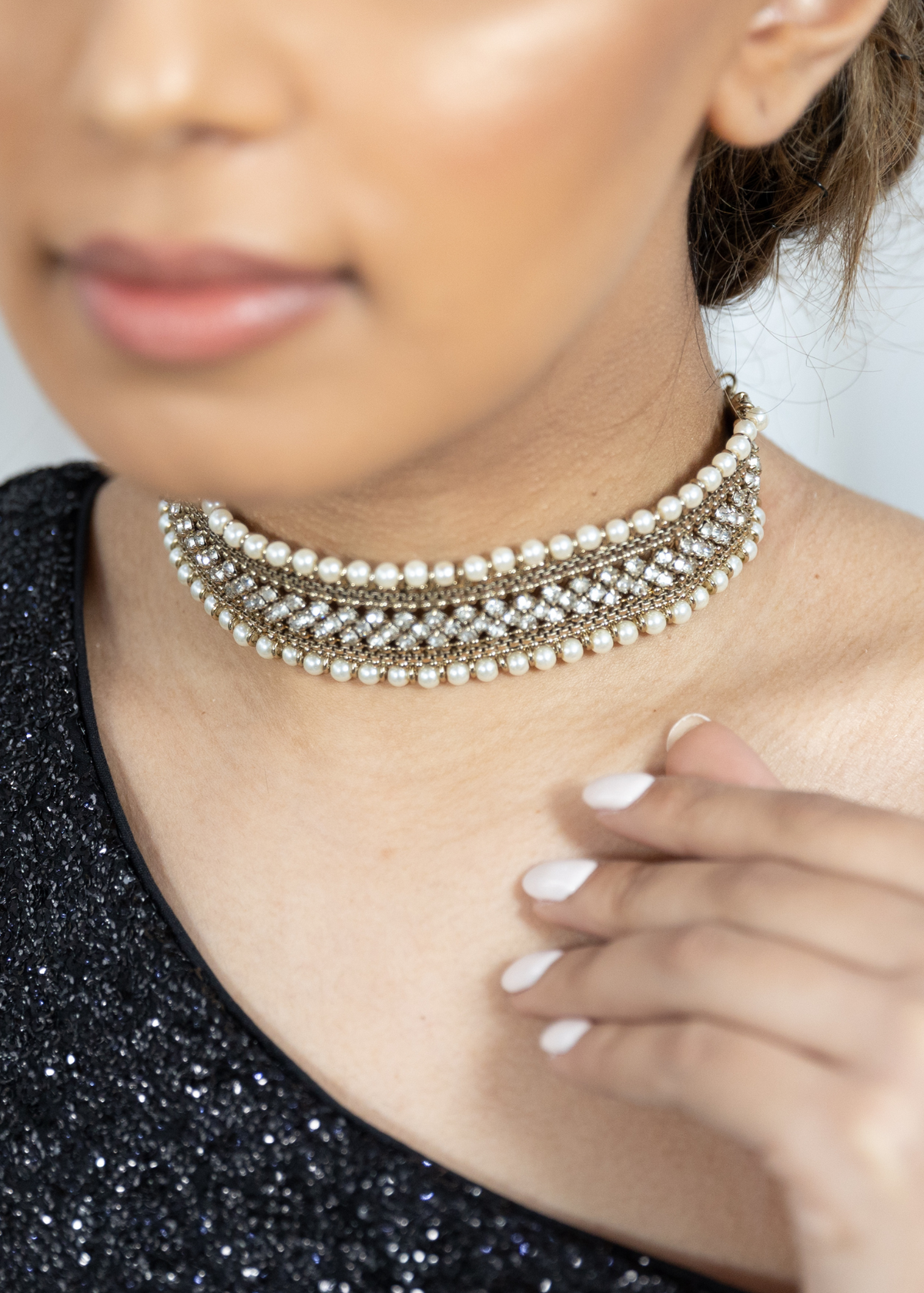 Celina Pearl & Antique Gold Choker with Clear Stone