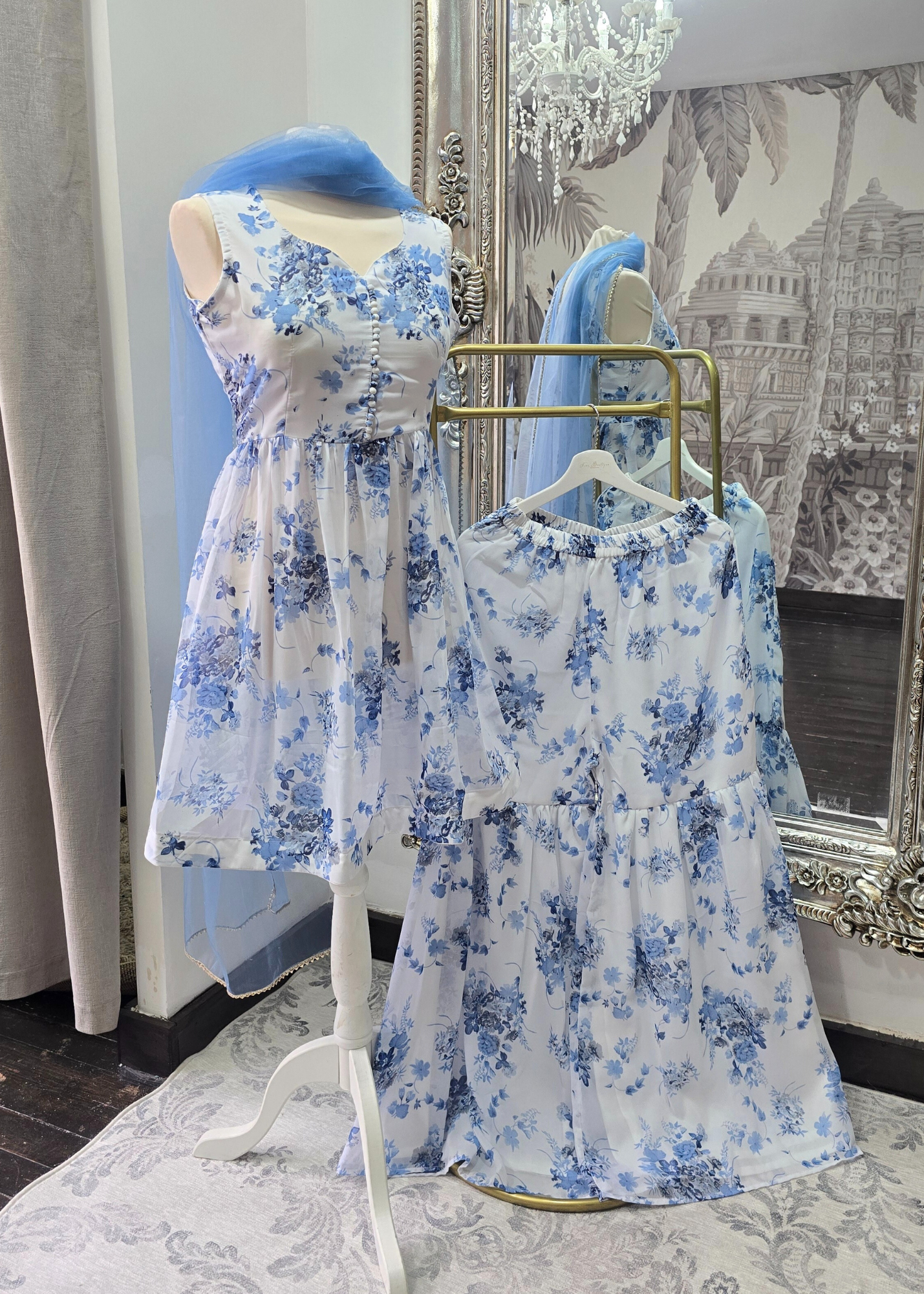Blue & White Floral Print Gharara Suit (Size 10-12)