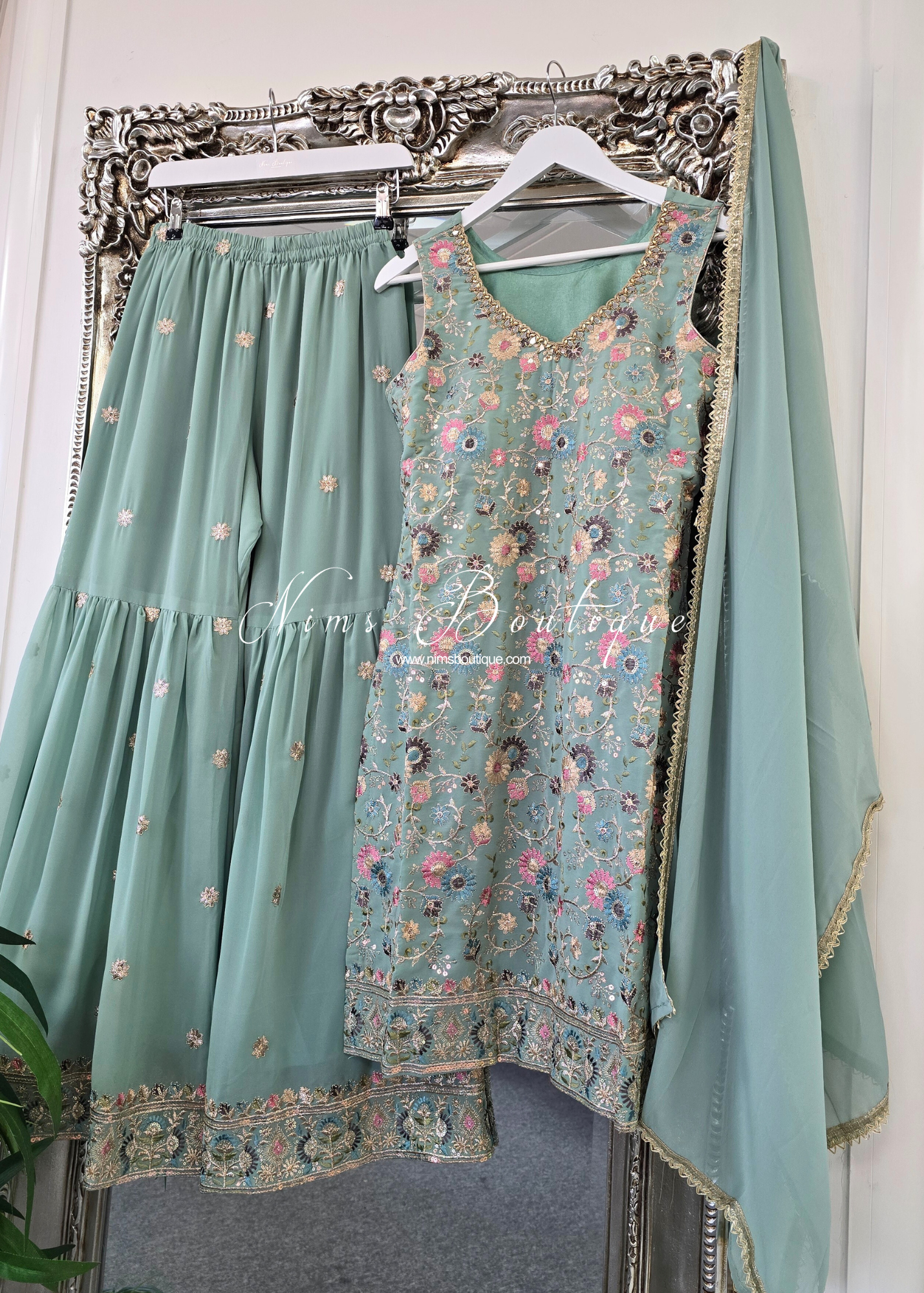 Duck Egg & Pastels Thread Embroidered Gharara Suit (size 10-12)