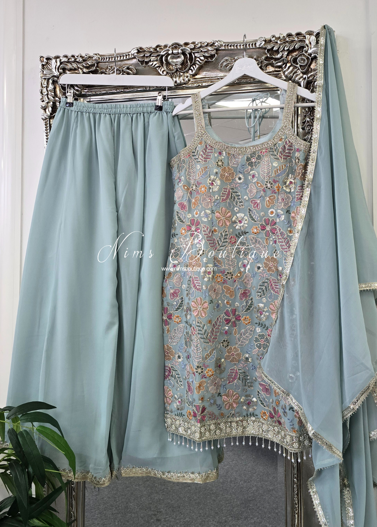 Duck Egg & Pastels Strap Embroidered Sharara Suit (size 12-14)