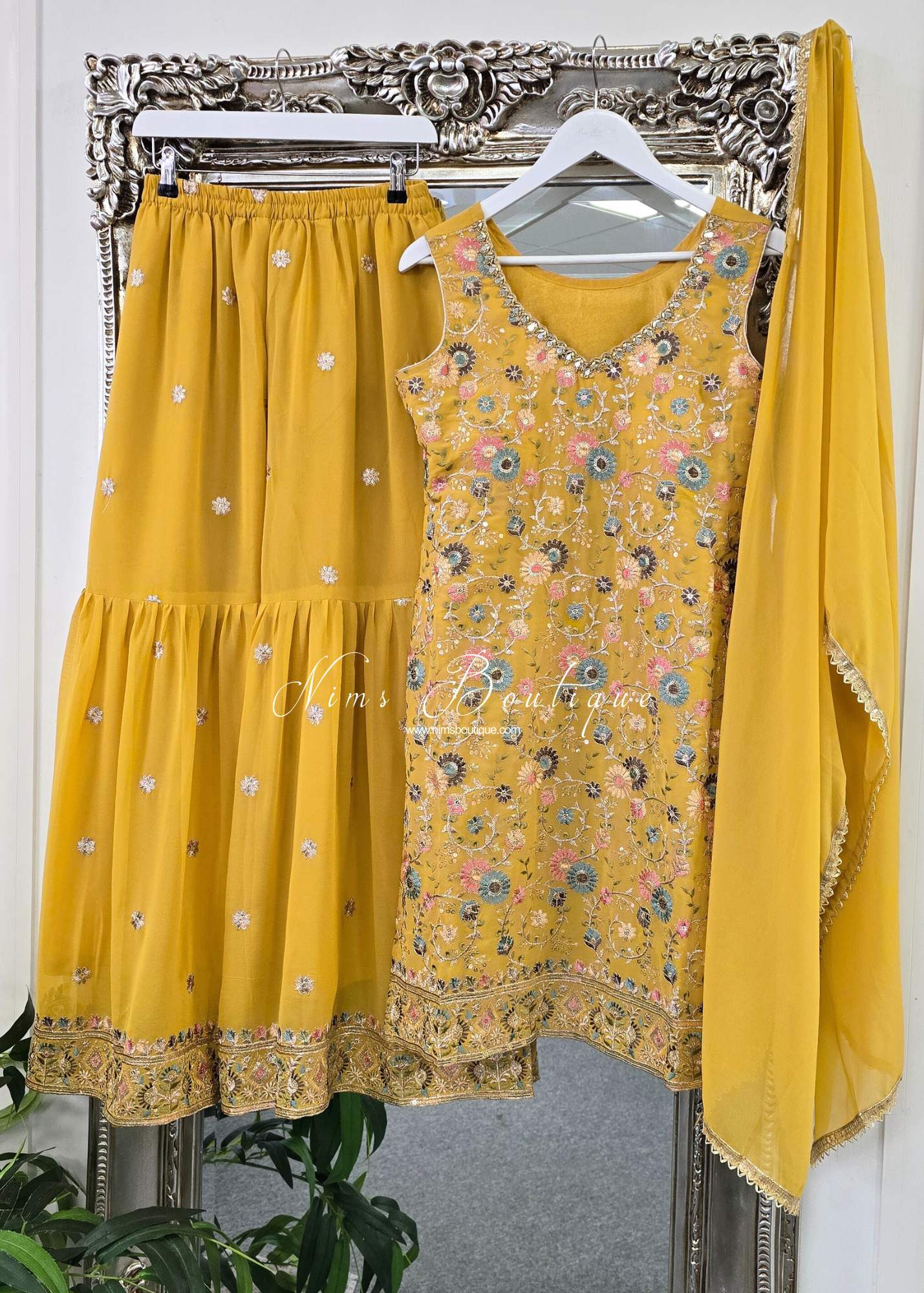 Mustard & Pastels Thread Embroidered Gharara Suit (size 10-12)