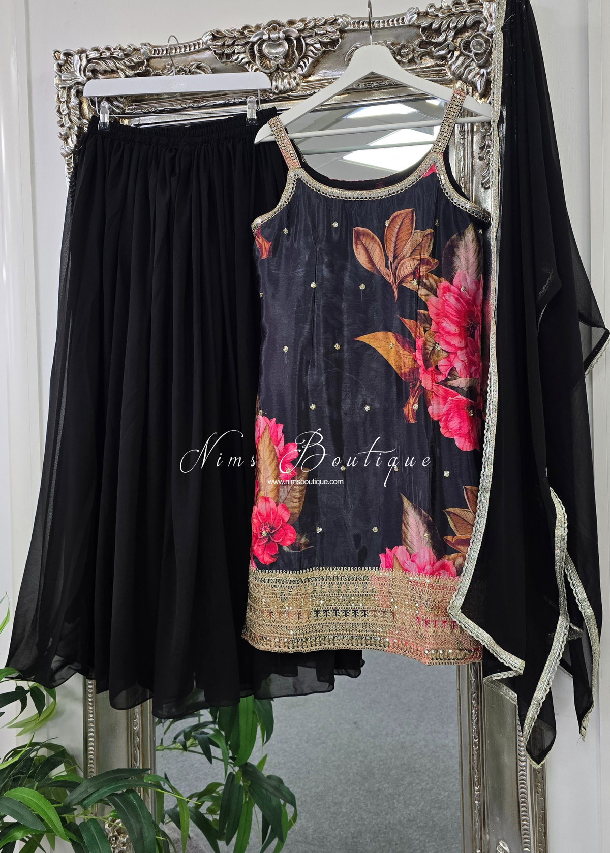 Black Floral Strap Embroidered Sharara Suit (size 14-16)