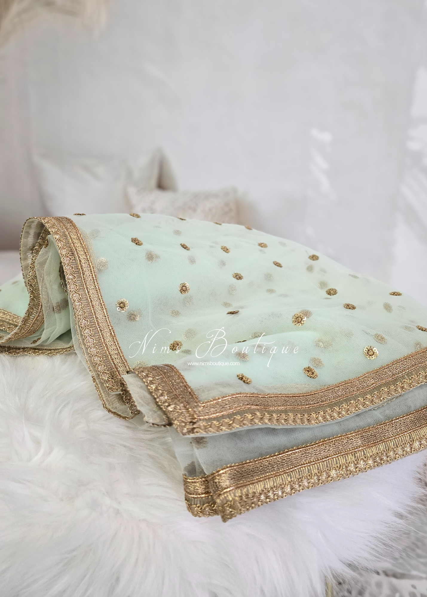 Luxury Light Mint Green Net Sequin Dupatta/Chunni (LNS7)