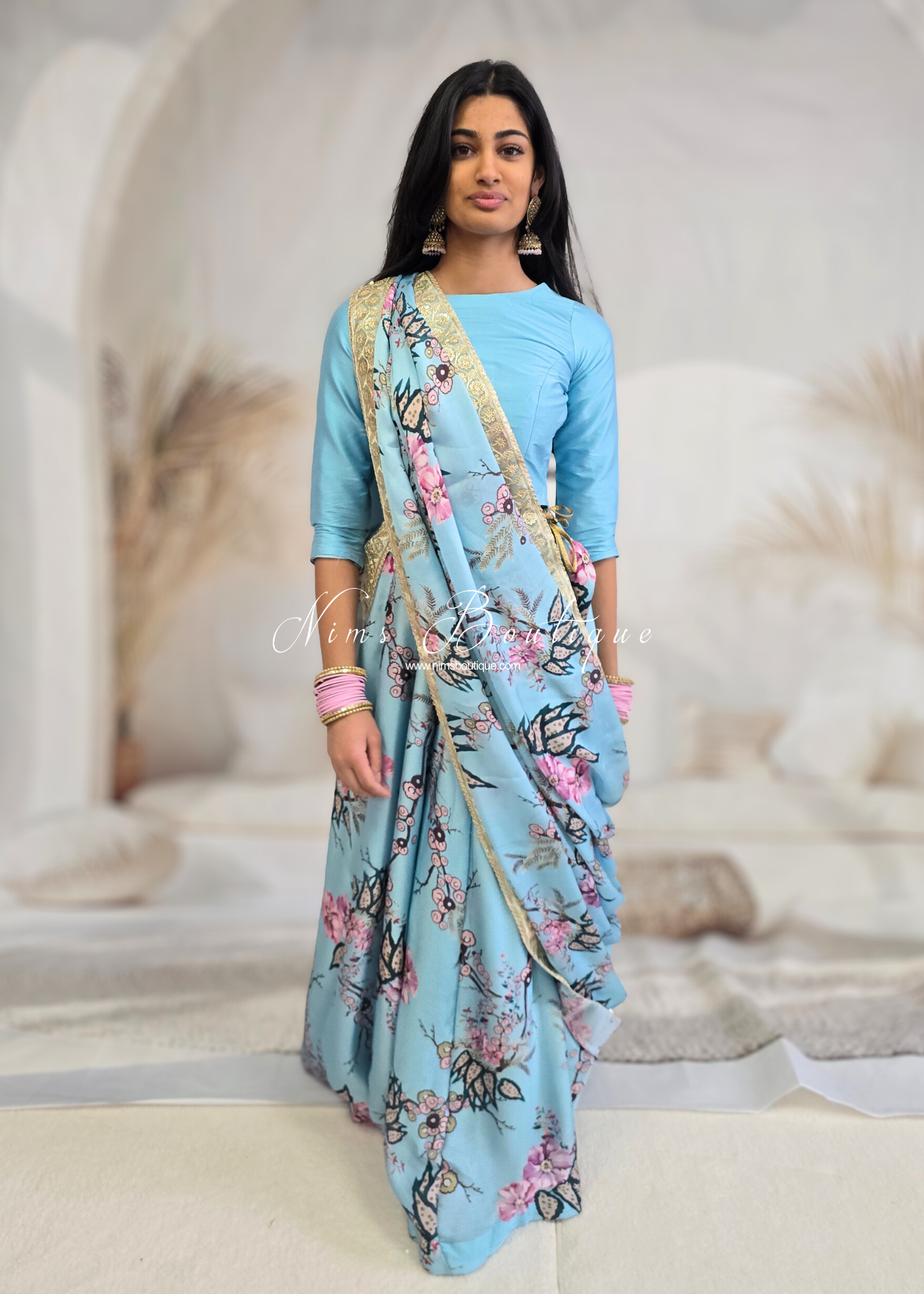 Sakura Blue Satin Print Dupatta/Chunni sequin edging