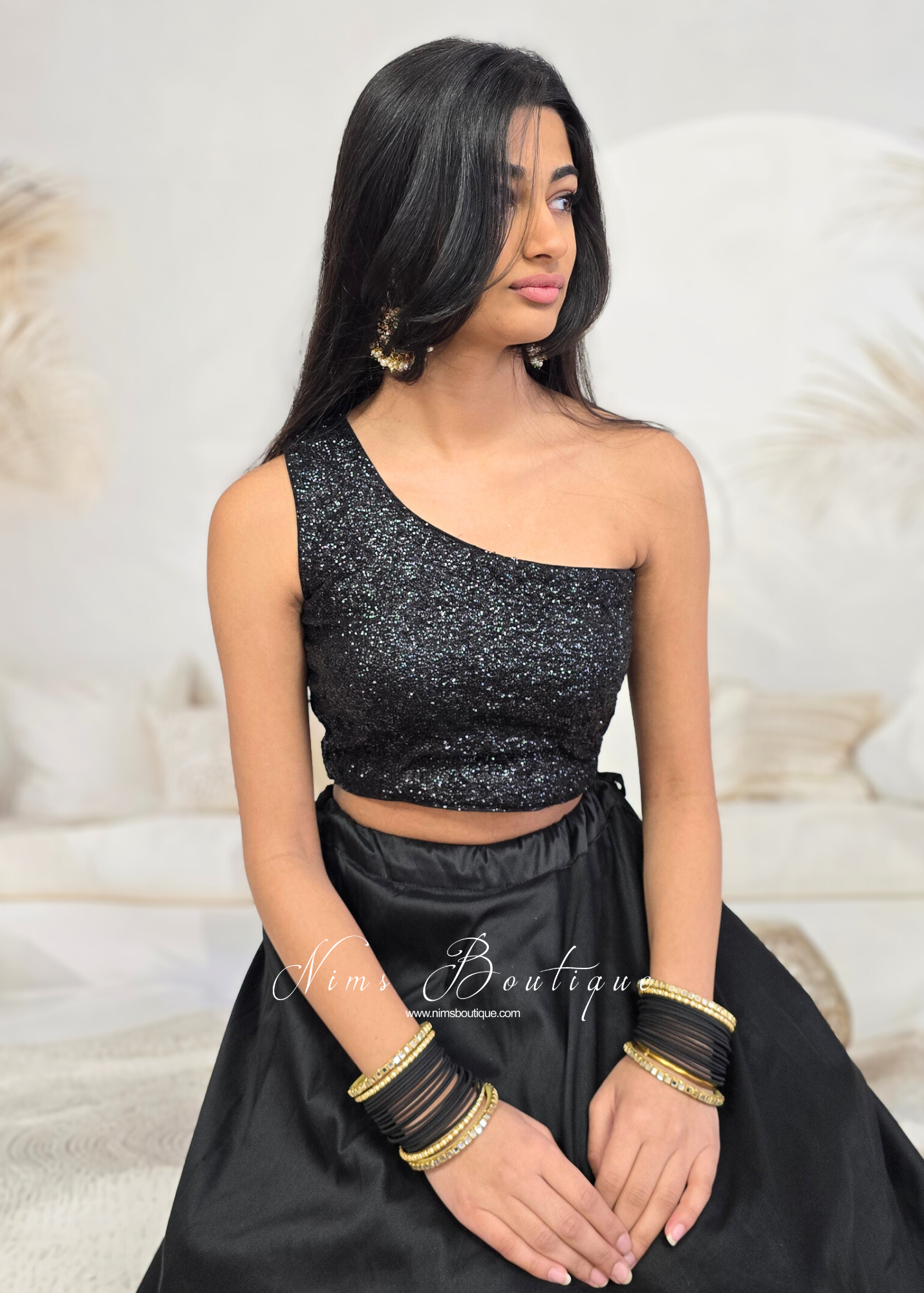 Luxury One Shoulder Black Sequin Blouse (4-22)