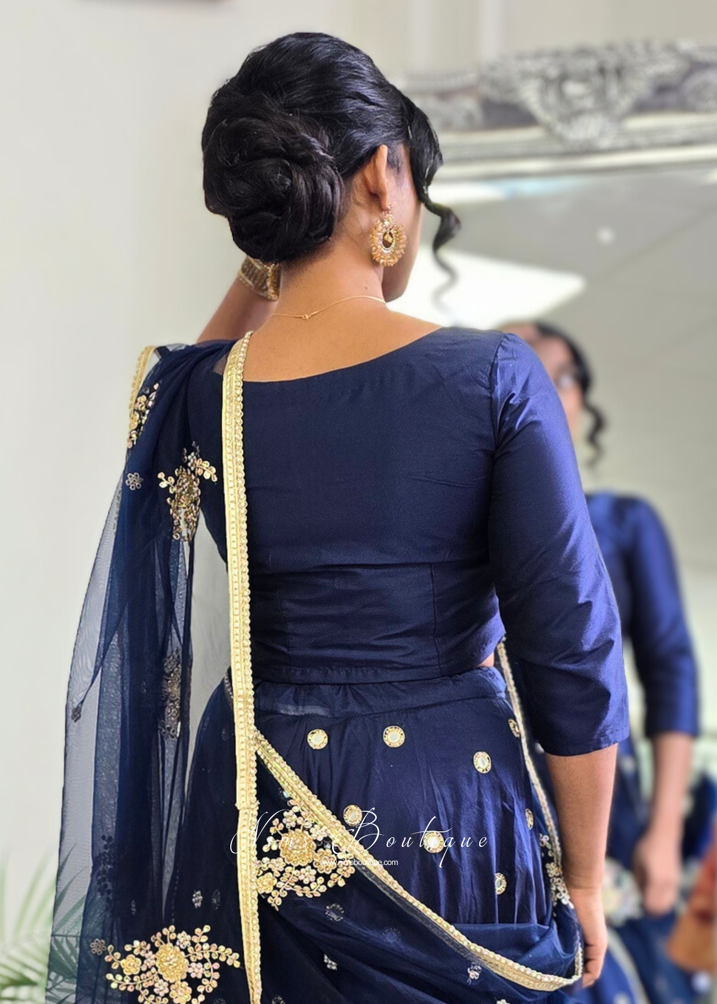 Navy Blue Silk High Neck Blouse with sleeves (size 4-26)