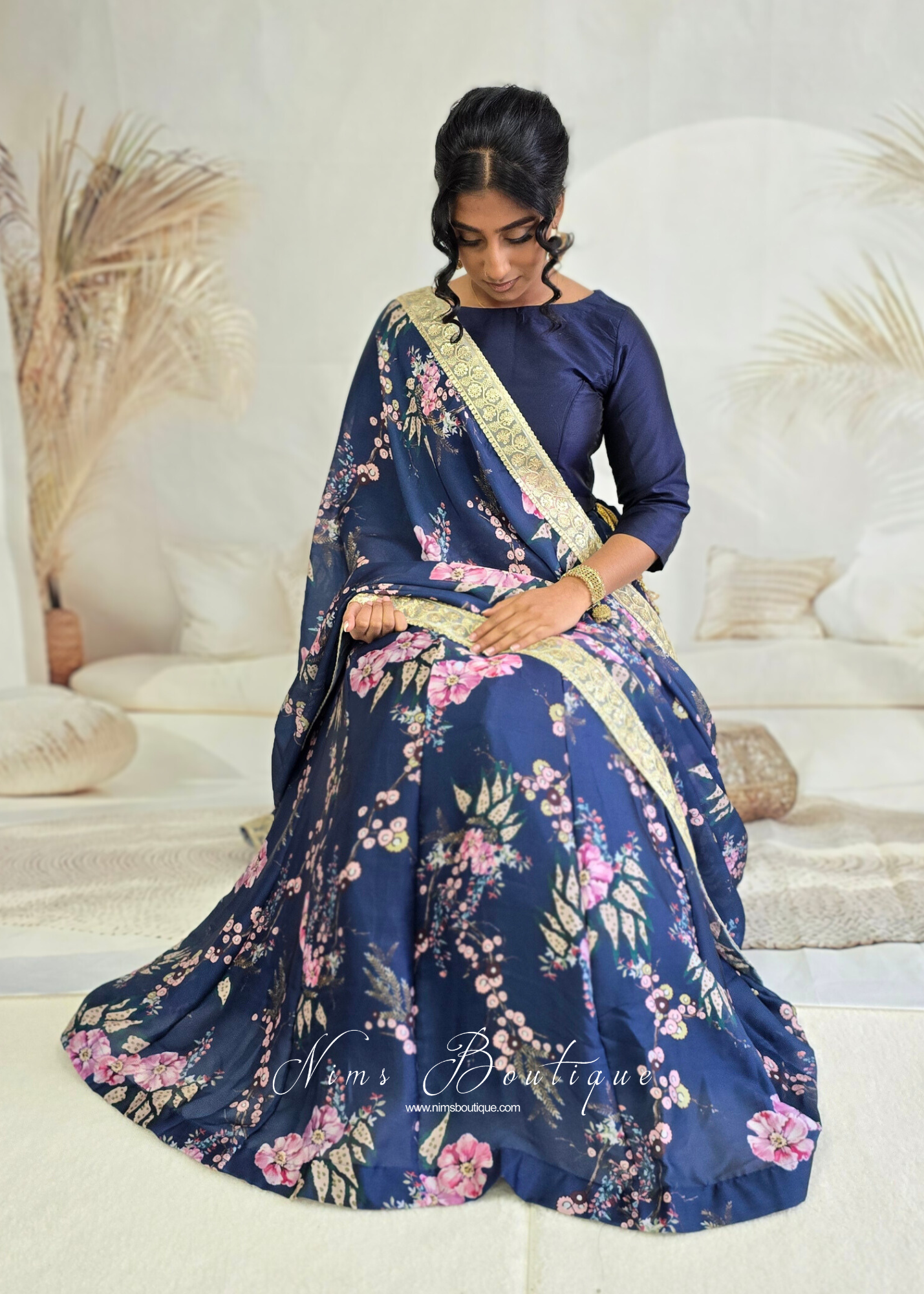 Sakura Navy Satin Print Dupatta/Chunni sequin edging