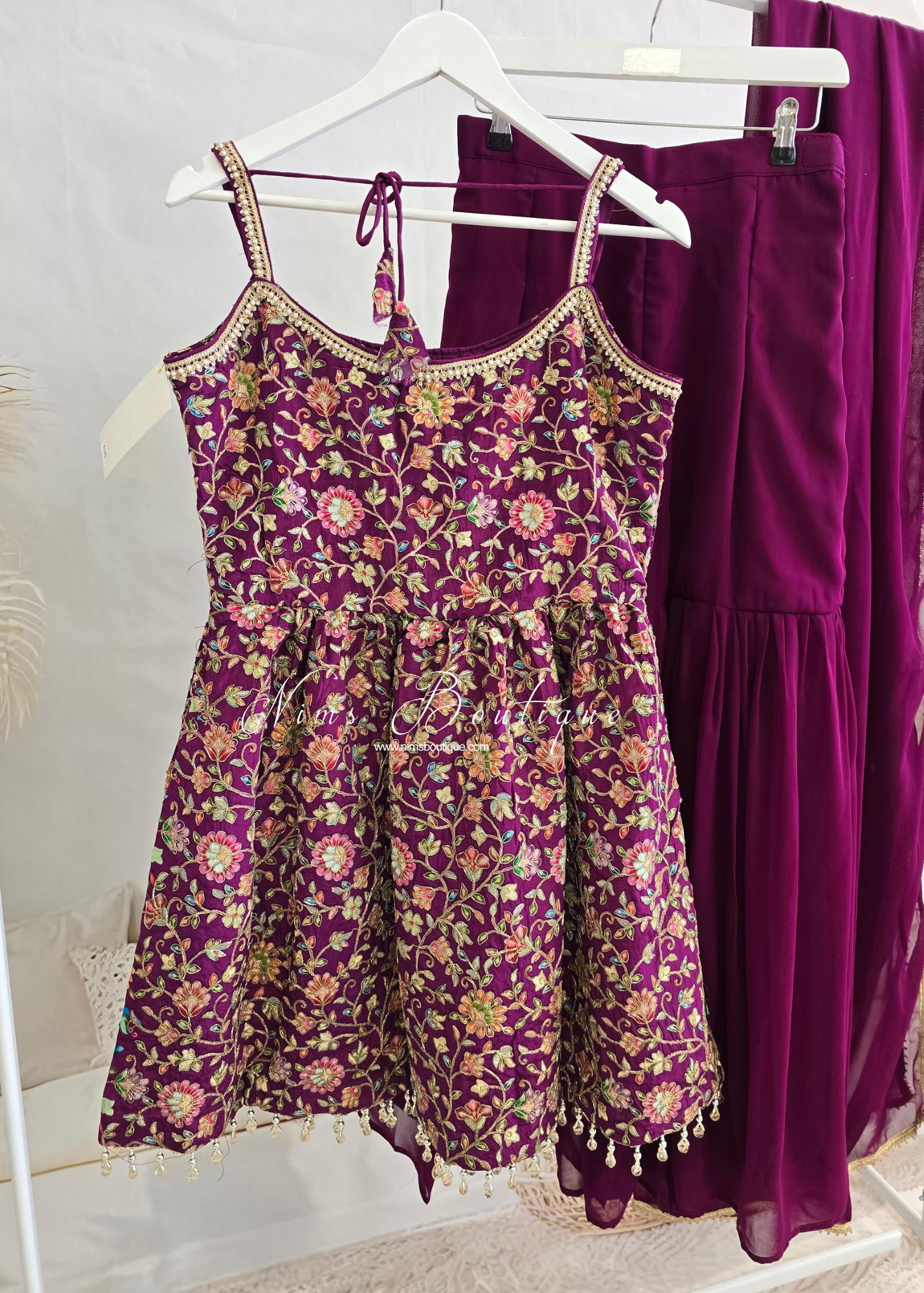 Plum Purple Frock Thread Embroidered Gharara Suit (size 12)