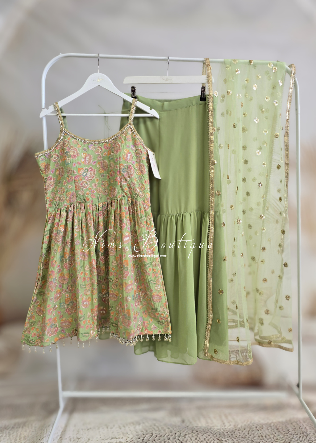 Lime Pastels Frock Thread Embroidered Gharara Suit (size 12)