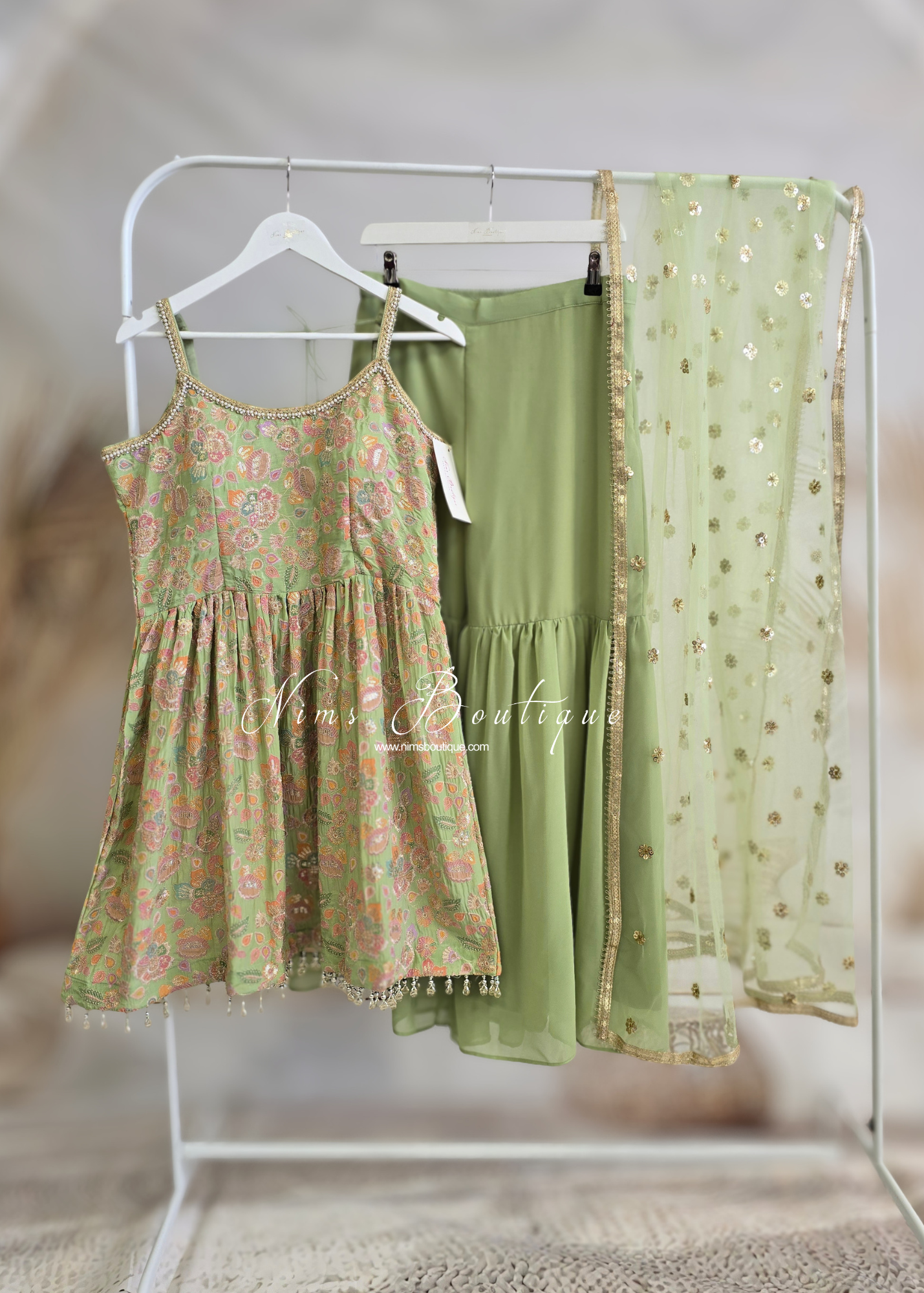 Lime Pastels Frock Thread Embroidered Gharara Suit (size 12)