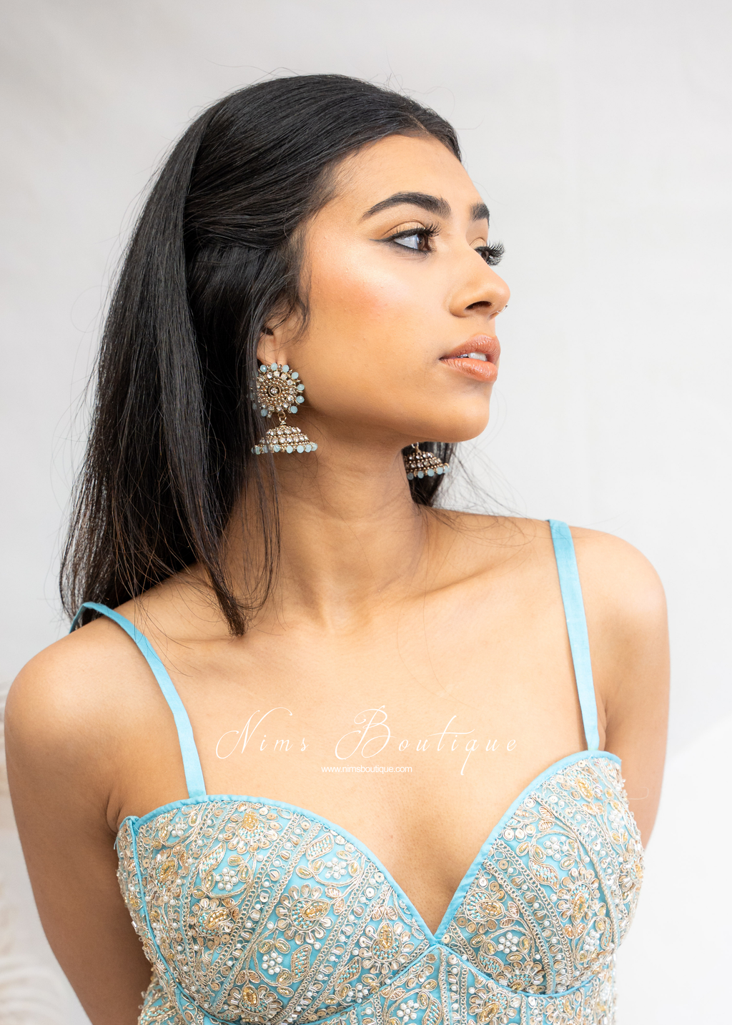 Chandni Royal Antique Gold & Light Blue Jhumka earrings