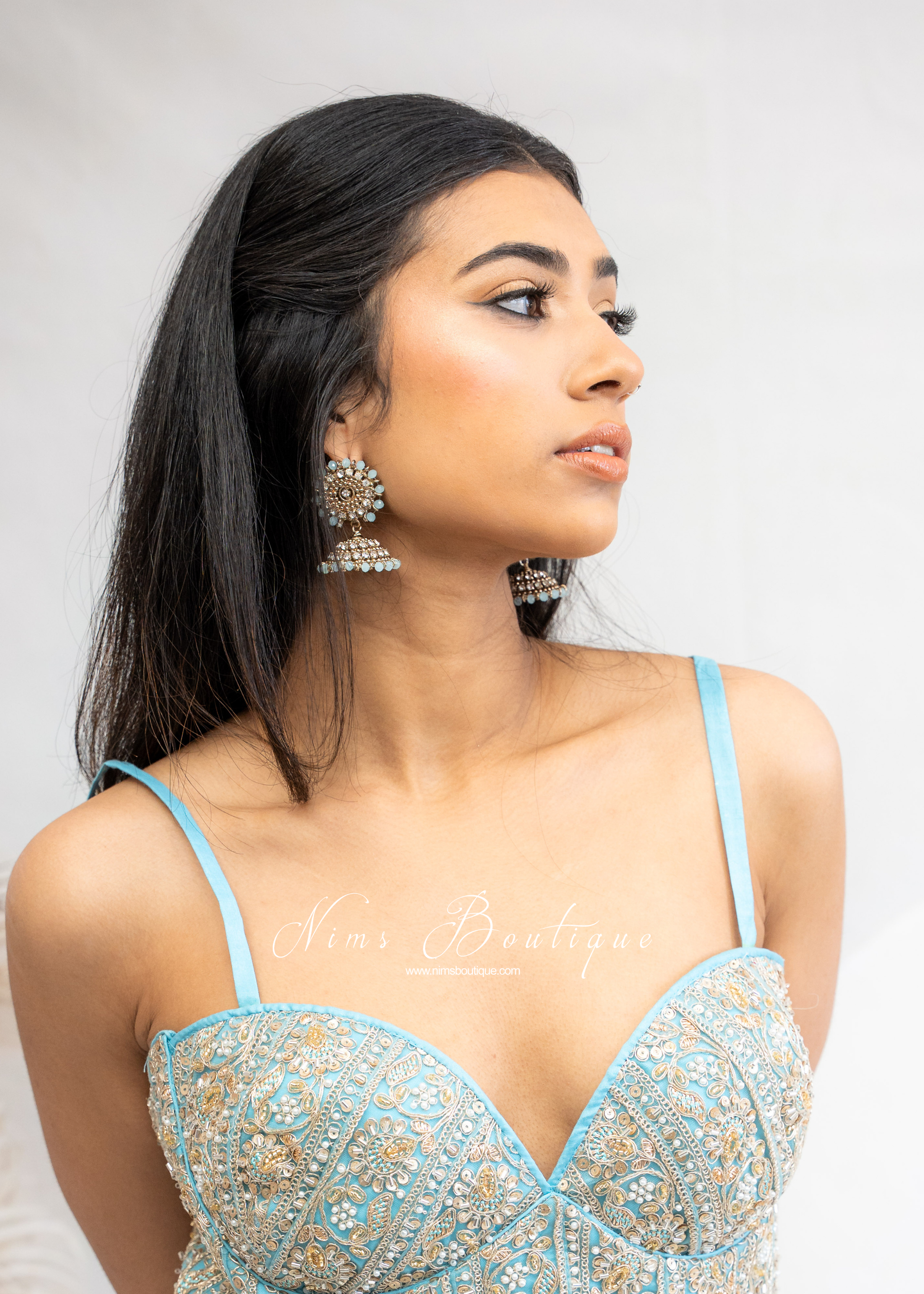 Chandni Royal Antique Gold & Light Blue Jhumka earrings