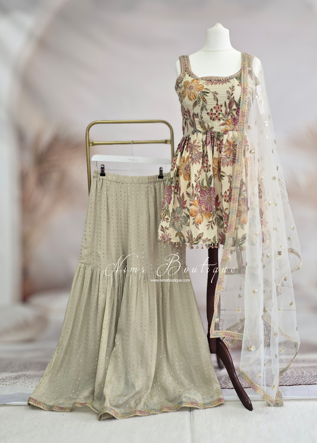 Cream Frock Thread Embroidered Gharara Suit (size 12-14)