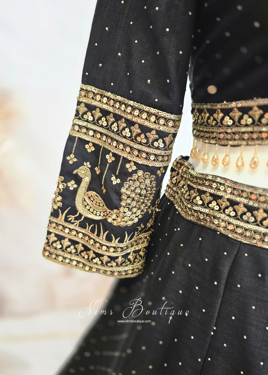 Luxury Black & Gold Peacock Long Sleeve Lehnga (size 12-14)