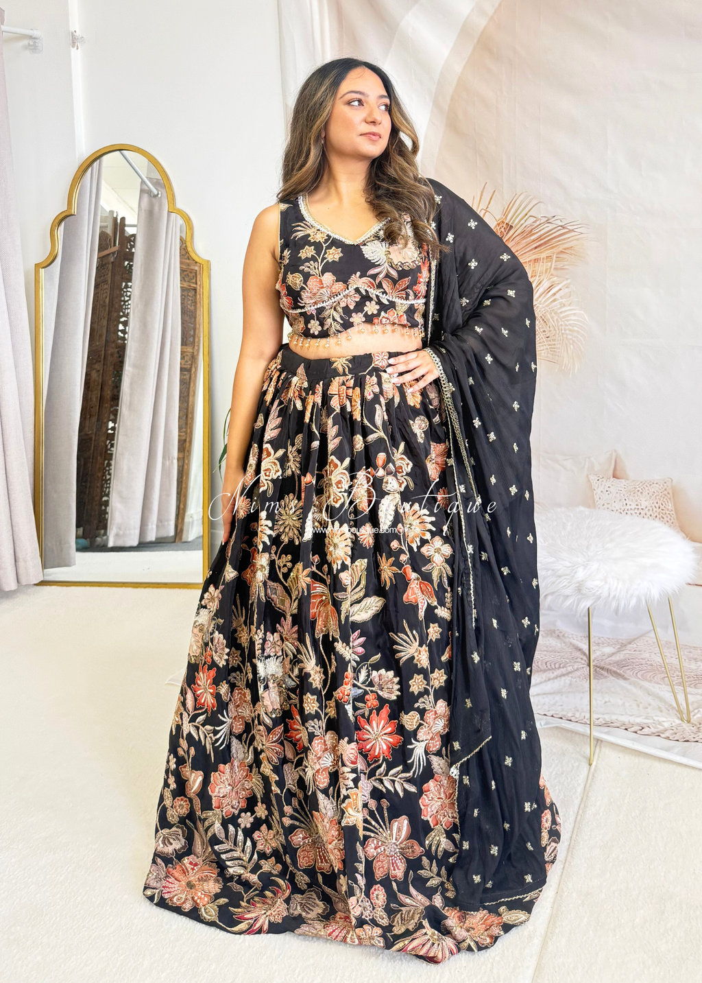 Luxury Black Floral Embellished Lehnga. Size 12
