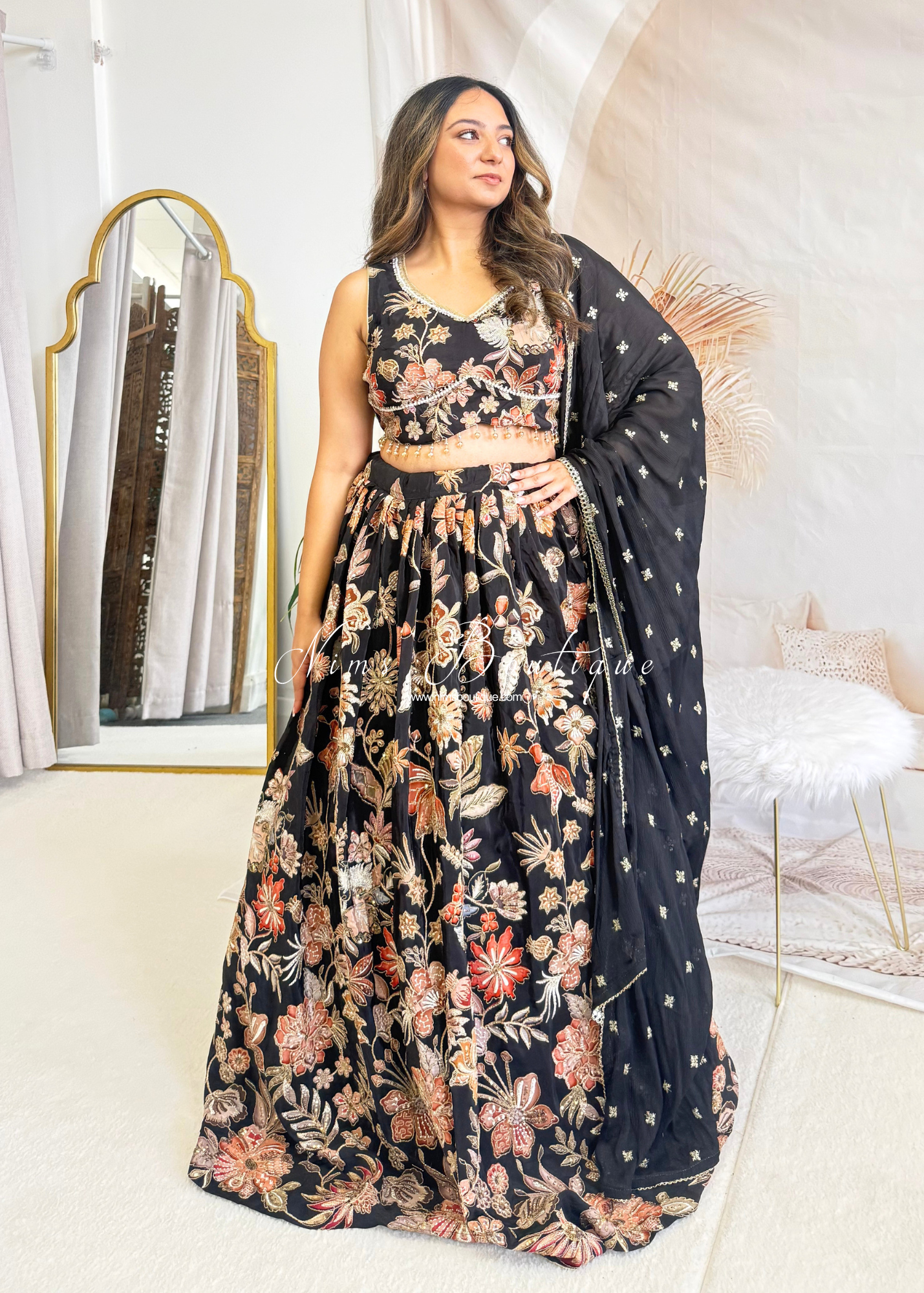 Luxury Black Floral Embellished Lehnga. Size 12