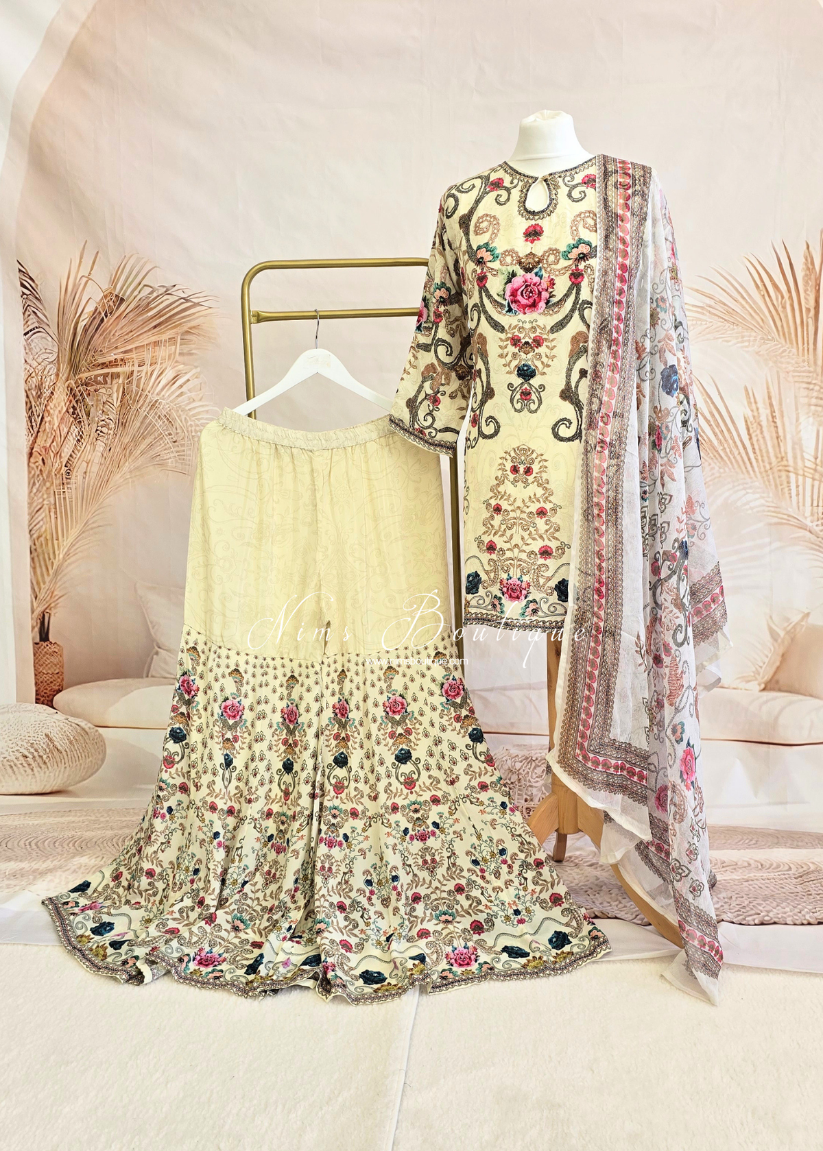 Cream Printed Floral Gharara Suit (size 14-18)