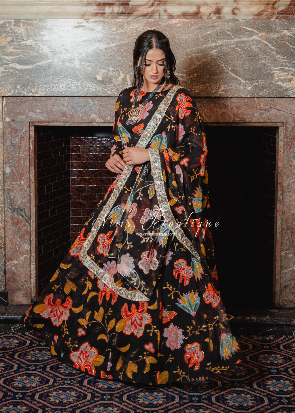 Evelina Black & Orange Floral readymade skirt/lehnga (size 6-24)