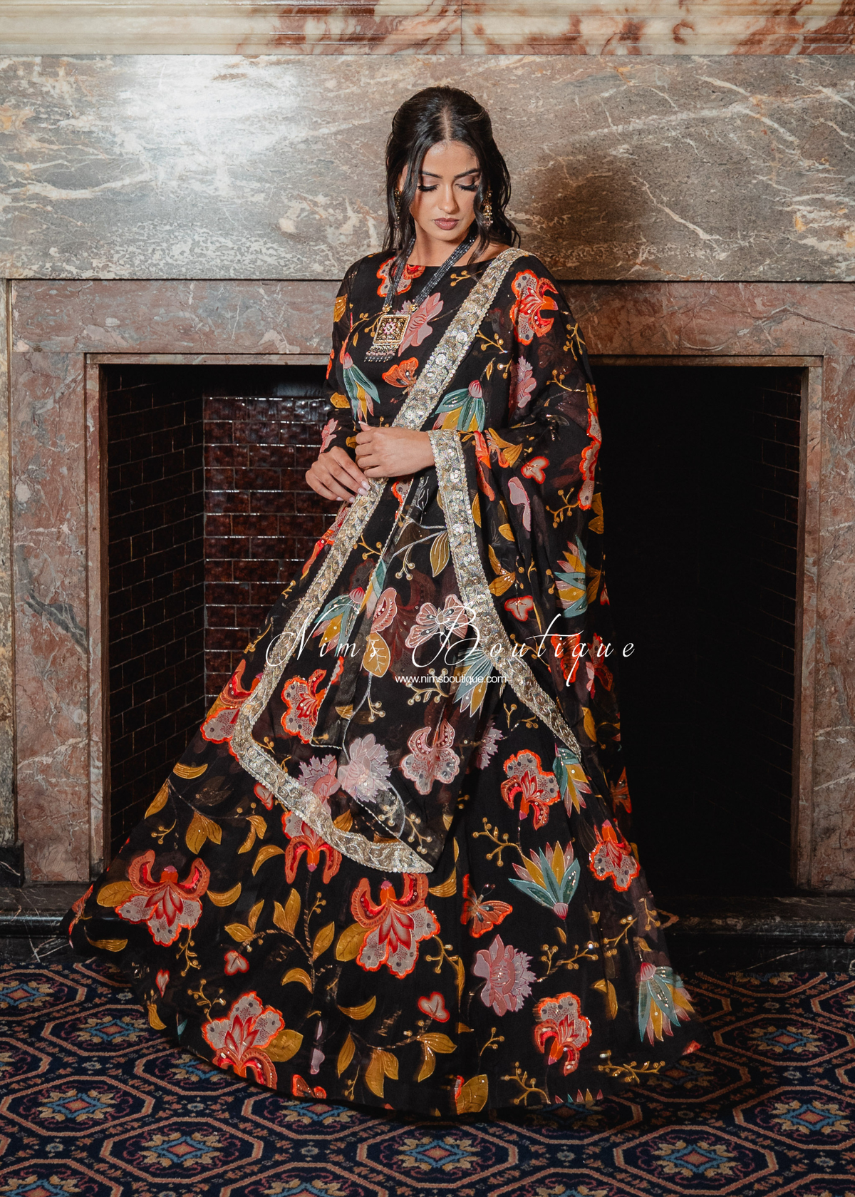 Evelina Black & Orange Floral Dupatta/Chunni
