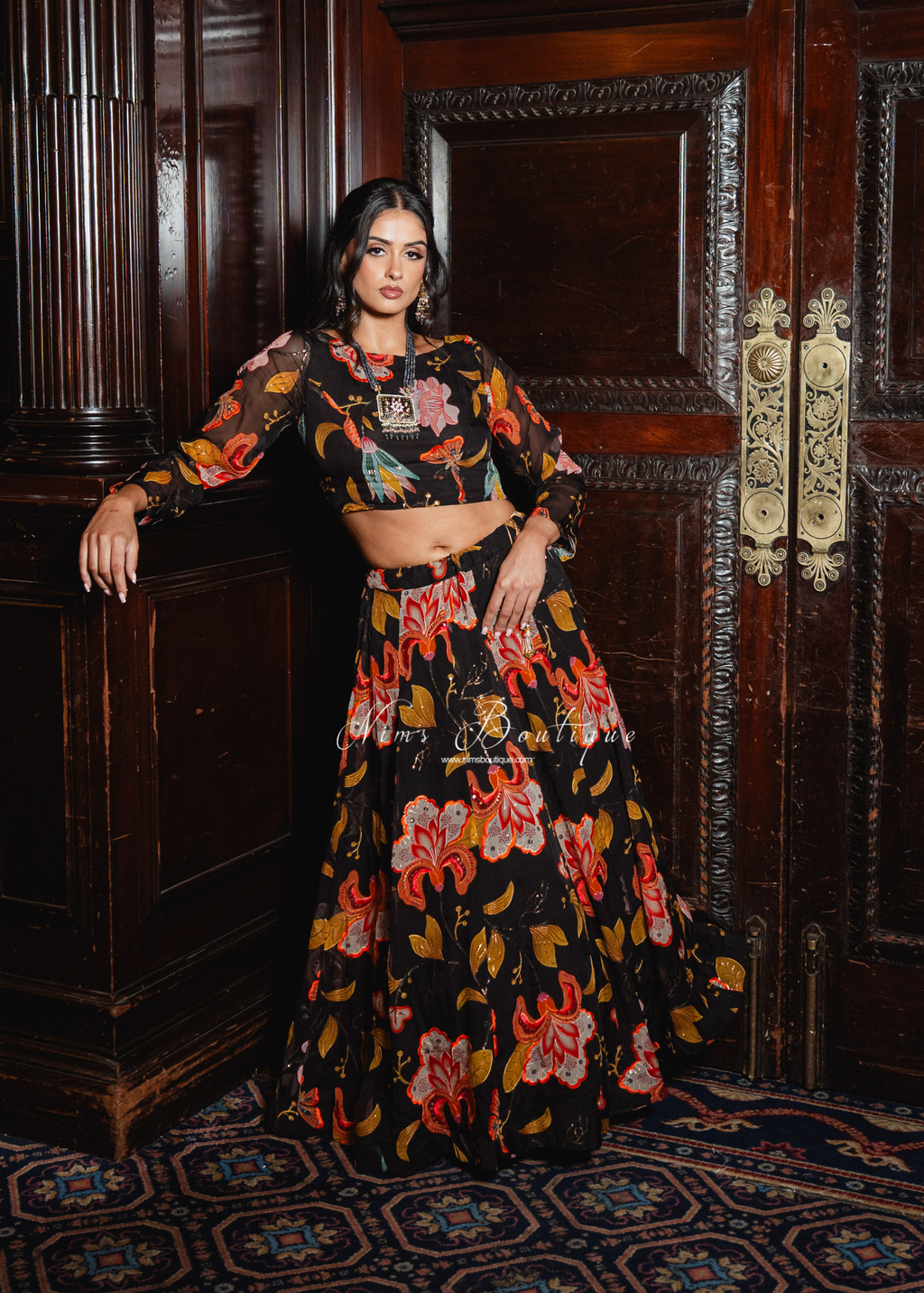 Evelina Black & Orange Floral Long Sleeve Blouse (sizes 6-24)