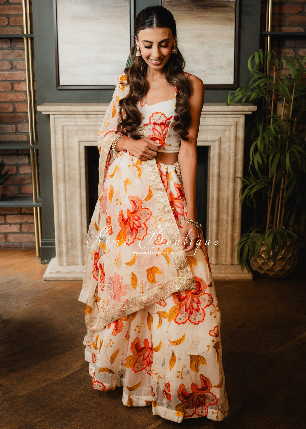 Evelina Ivory & Orange Floral Dupatta/Chunni