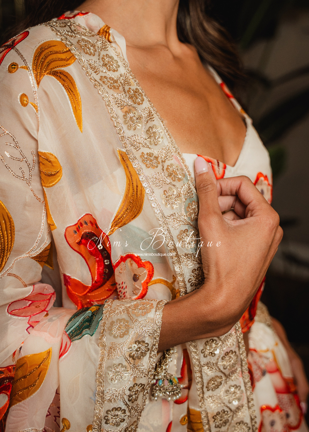 Evelina Ivory & Orange Floral Dupatta/Chunni