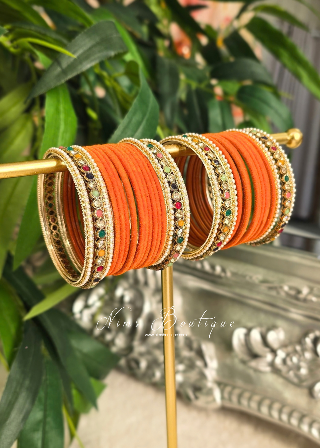 Neha Orange Velvet & Multicolour Set of Bangles