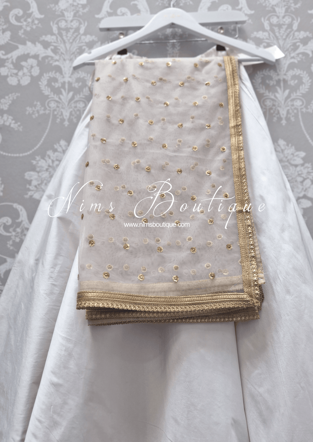 Nims Boutique Luxury Light Grey Net Sequin Dupatta/Chunni LNS3