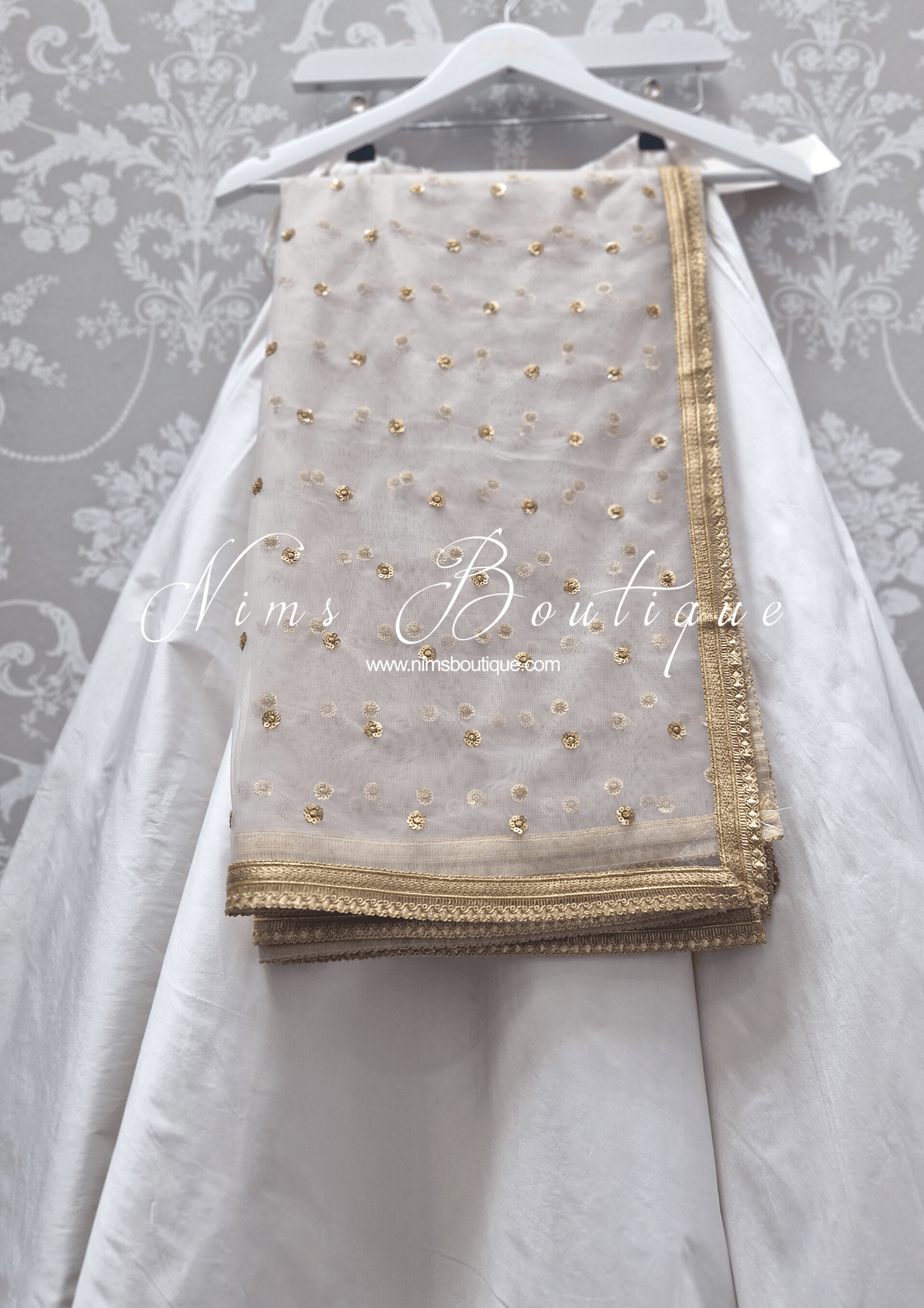 Nims Boutique Luxury Light Grey Net Sequin Dupatta/Chunni LNS3